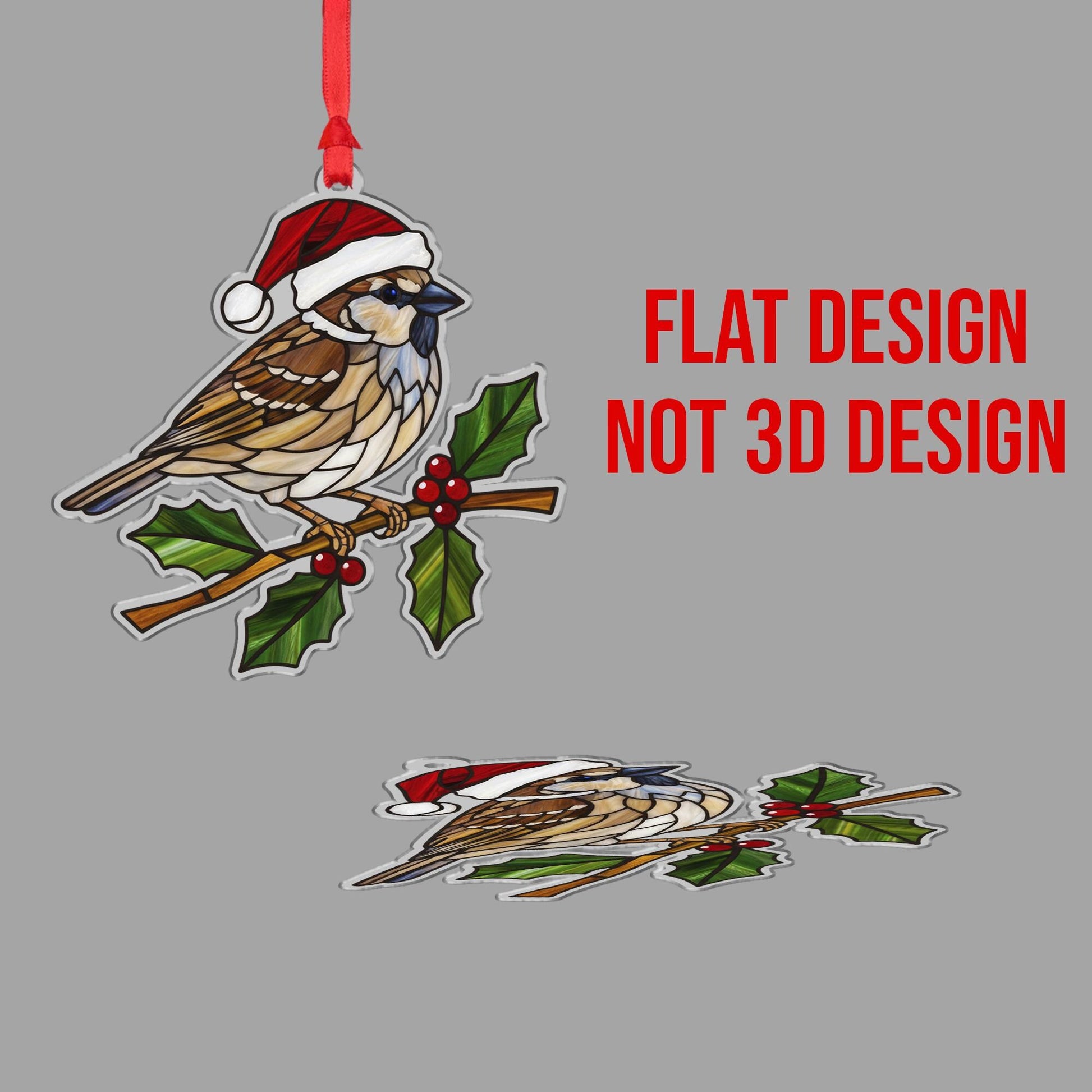 Bird Ornament with Santa Hat and Holly Branch, Sparrow Style Christmas Decoration
