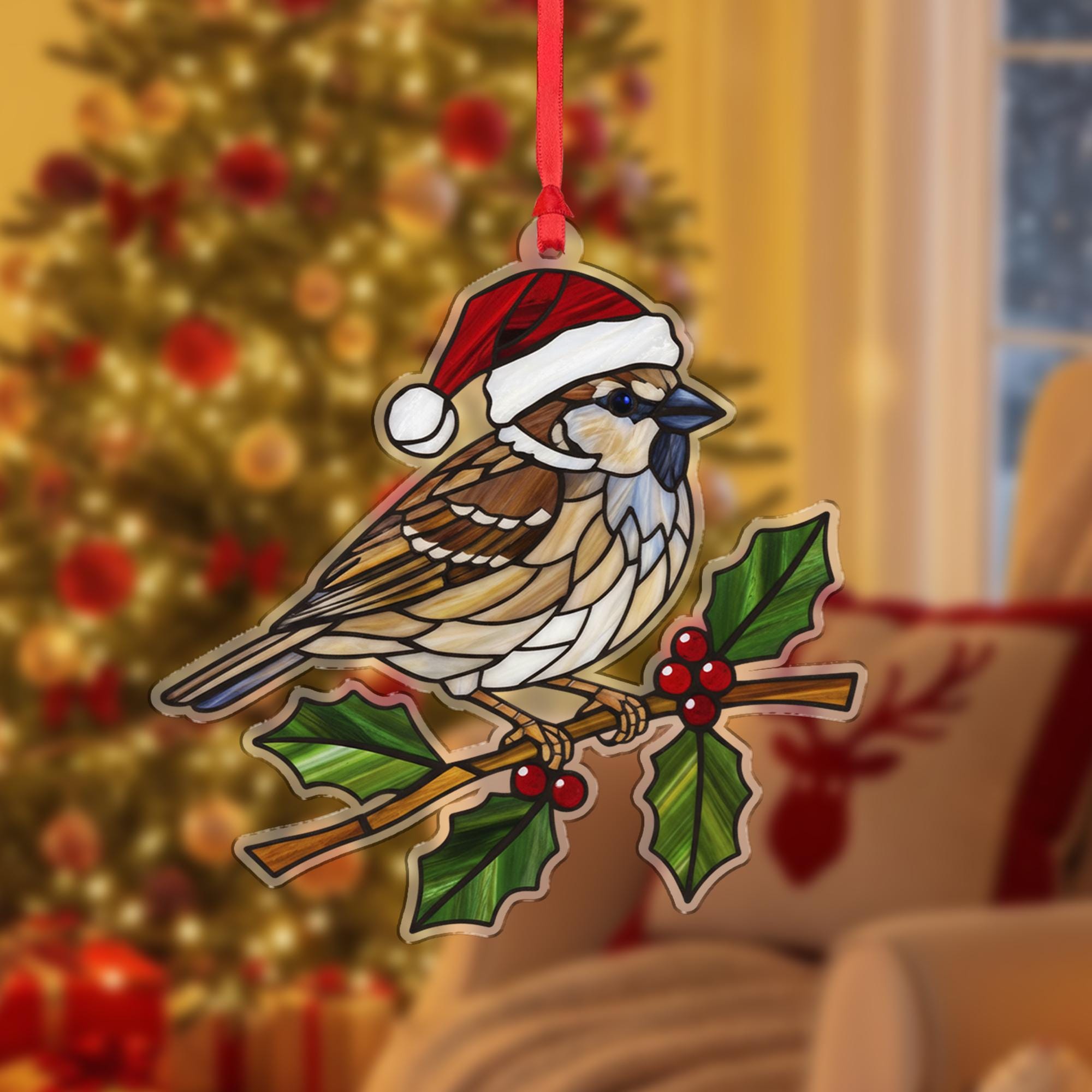 Bird Ornament with Santa Hat and Holly Branch, Sparrow Style Christmas Decoration