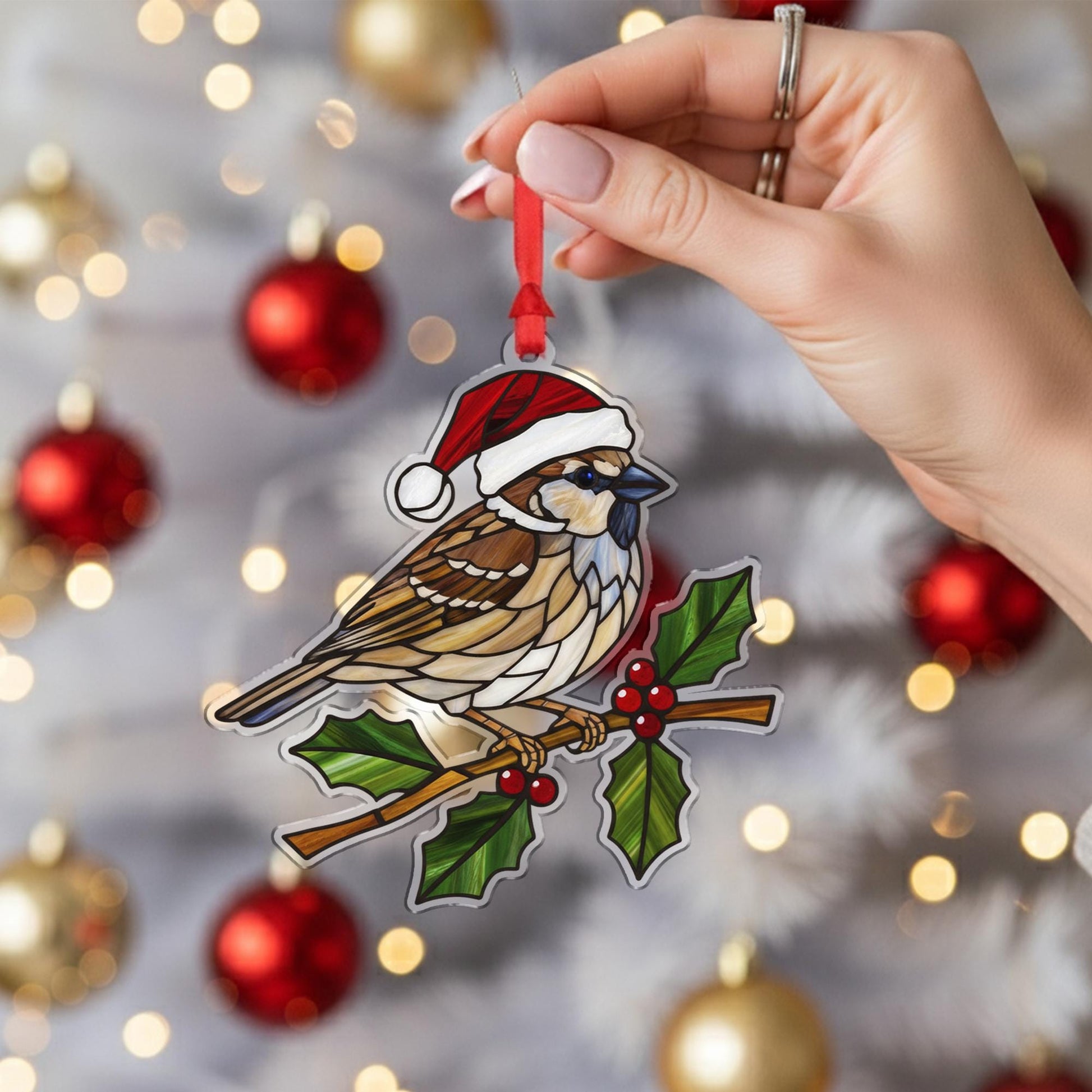 Bird Ornament with Santa Hat and Holly Branch, Sparrow Style Christmas Decoration