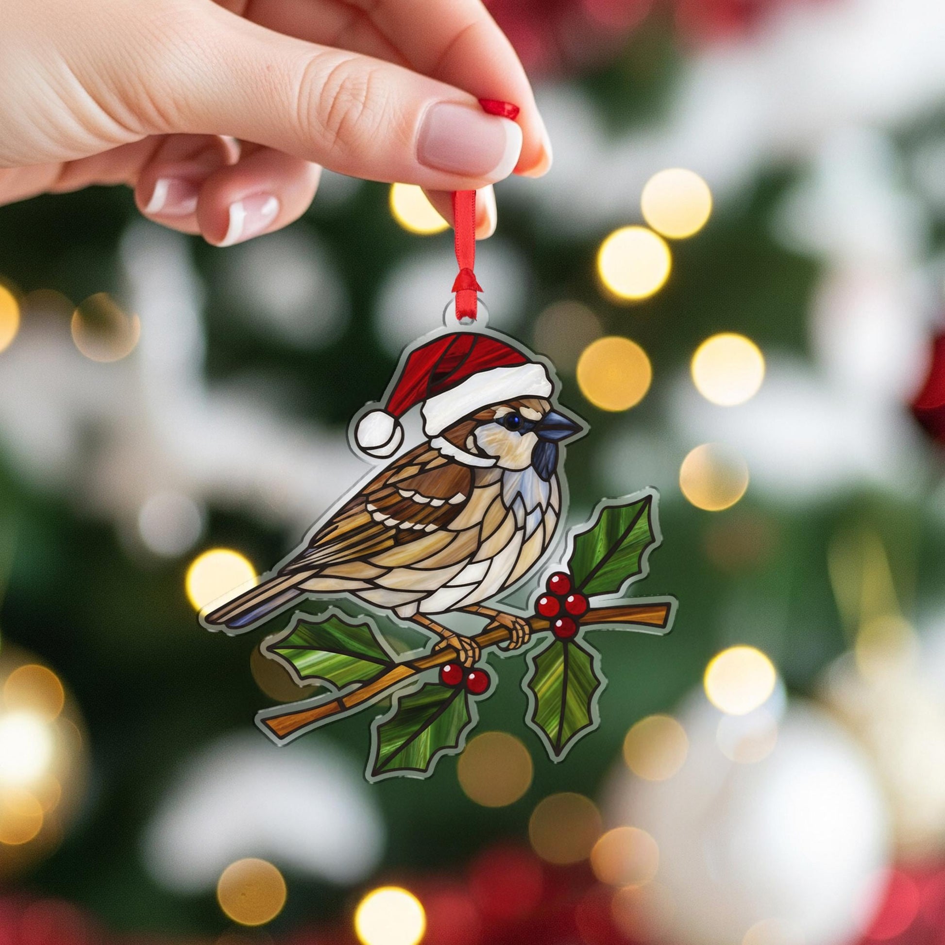 Bird Ornament with Santa Hat and Holly Branch, Sparrow Style Christmas Decoration