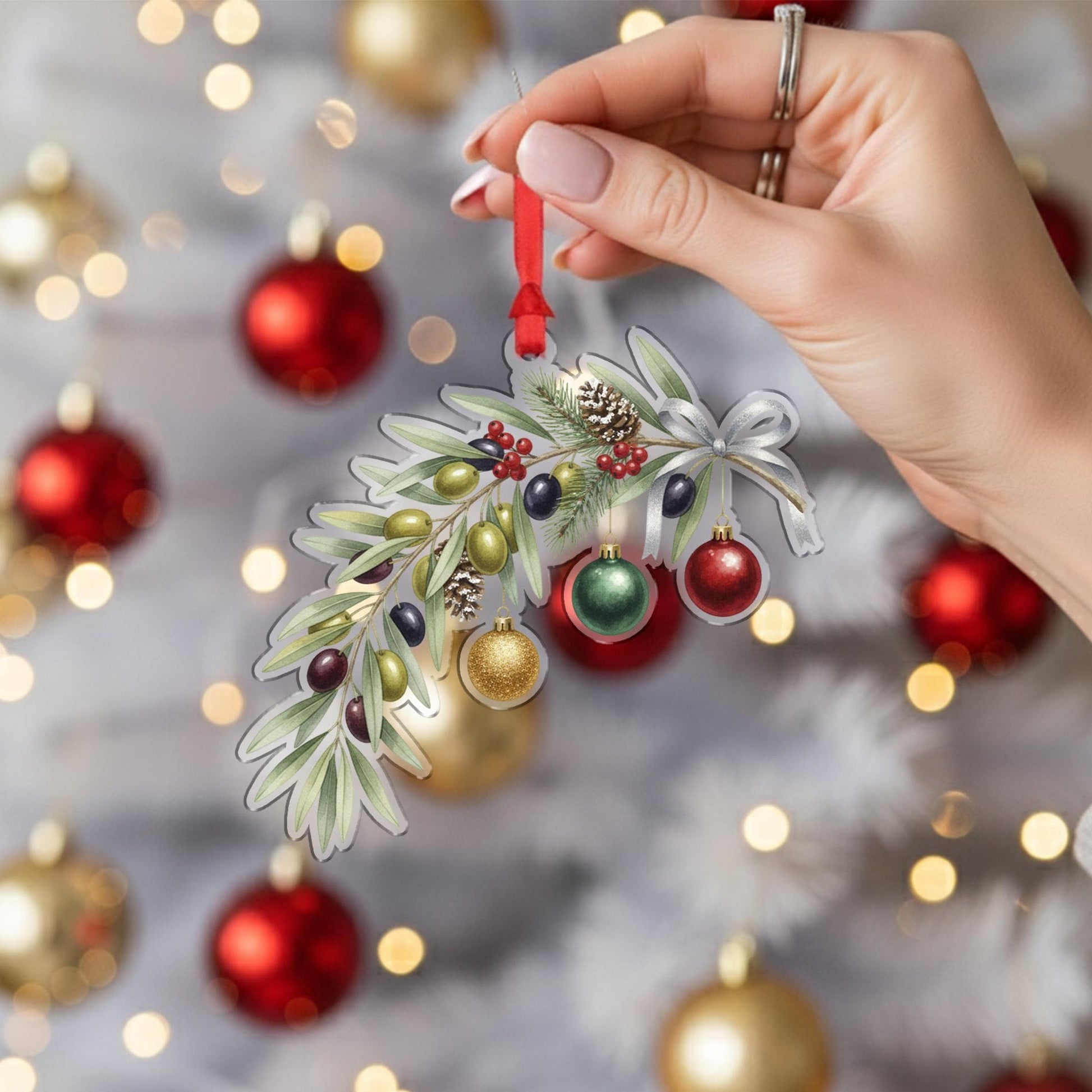 Olive Branch Ornament with Pinecones and Baubles, Botanical Christmas Decoration with Ribbon Detail