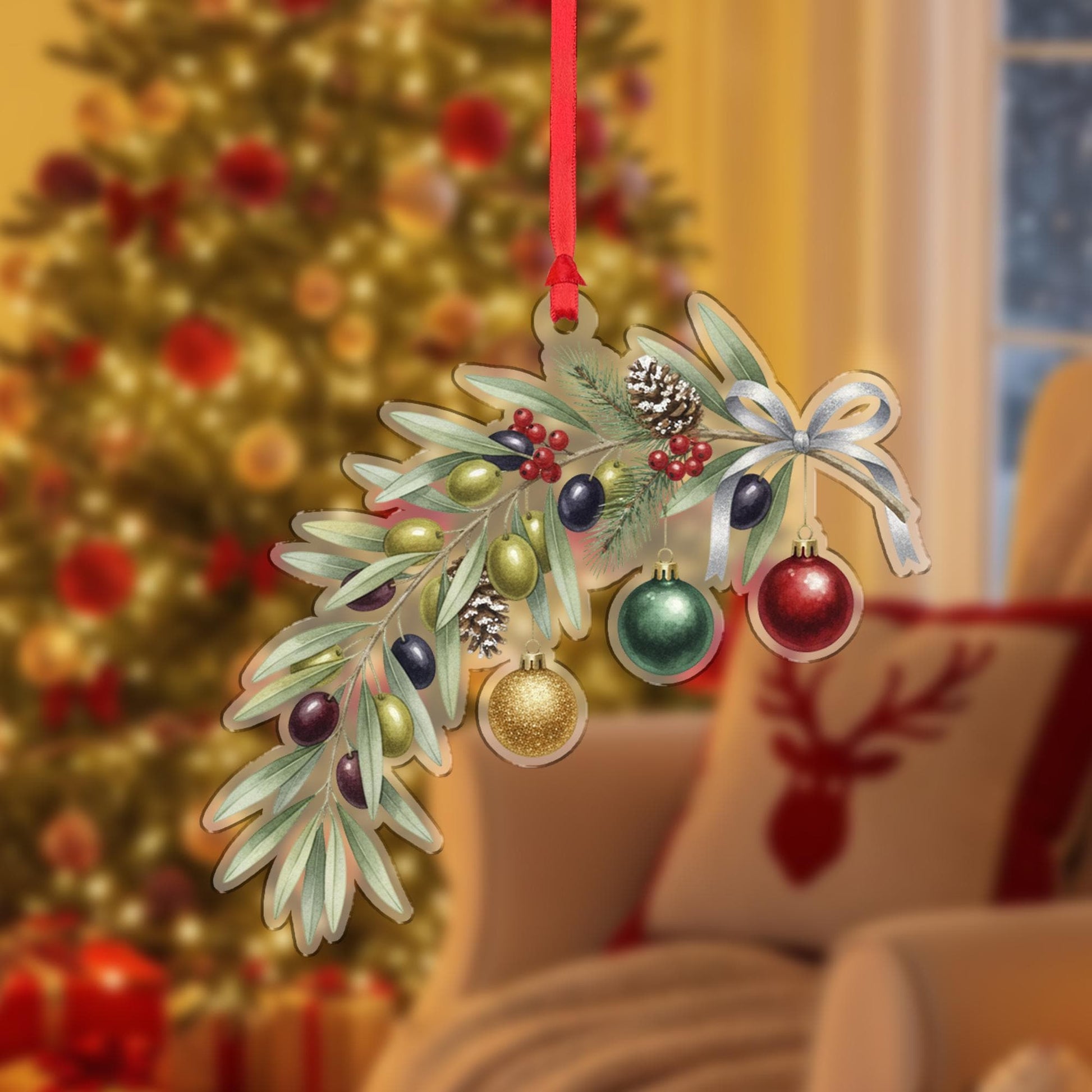 Olive Branch Ornament with Pinecones and Baubles, Botanical Christmas Decoration with Ribbon Detail