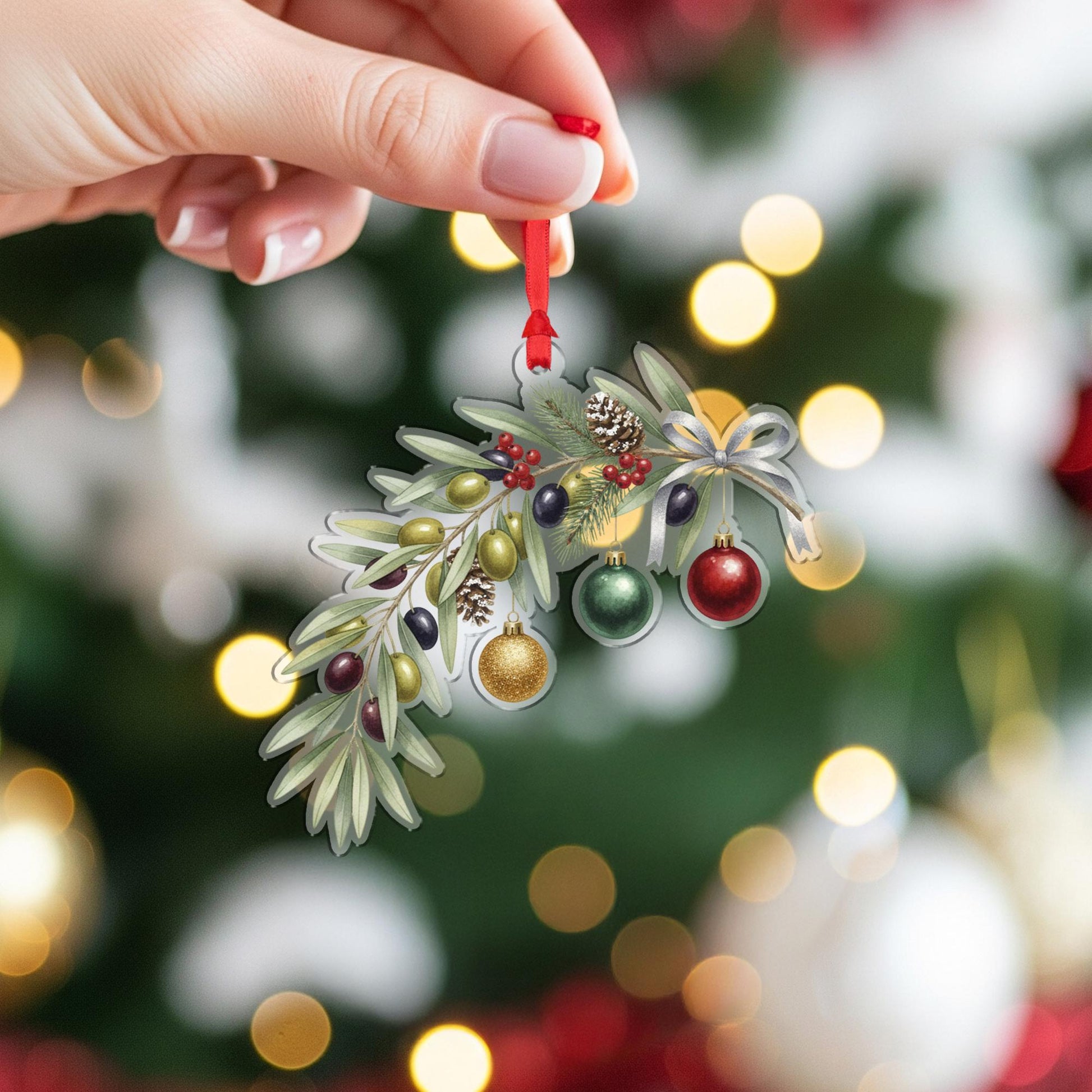 Olive Branch Ornament with Pinecones and Baubles, Botanical Christmas Decoration with Ribbon Detail