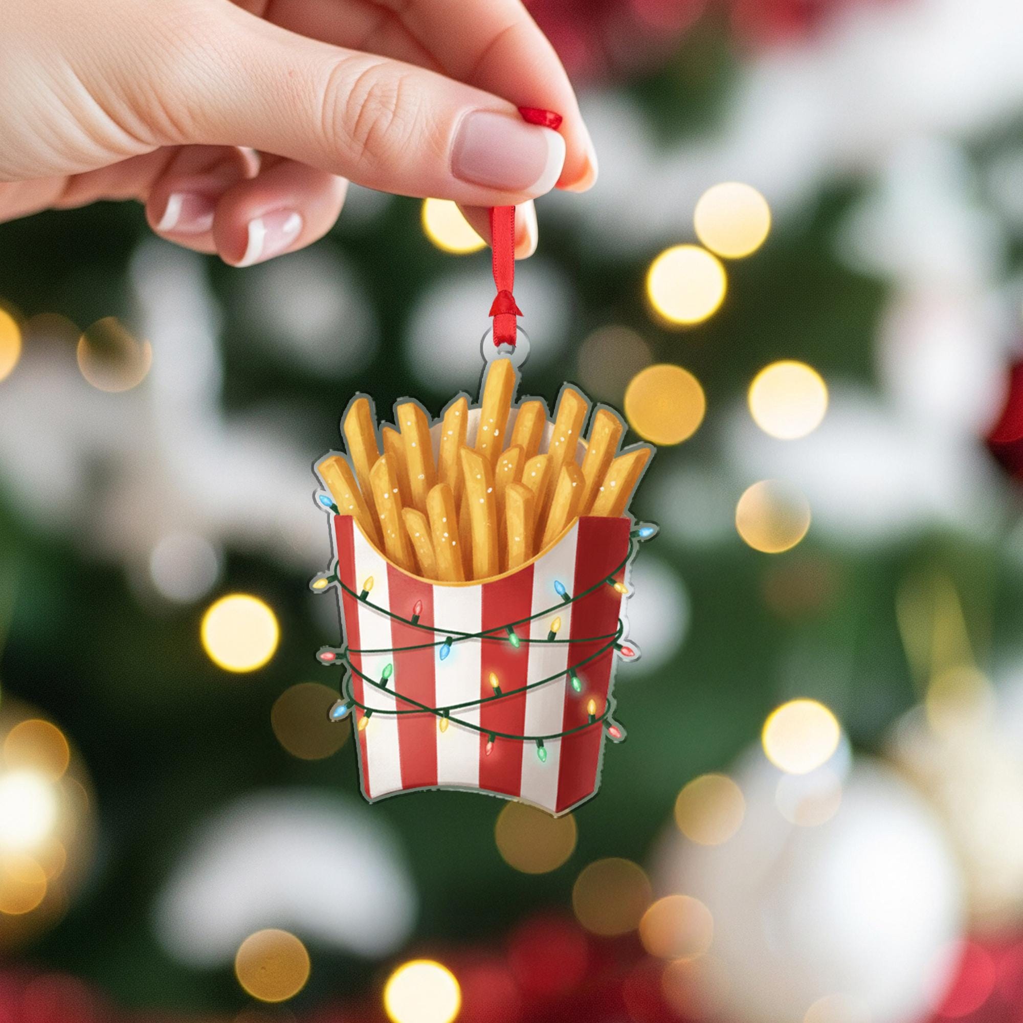 French Fries Ornament with Striped Box and String Lights, Fast Food Style Christmas Decoration