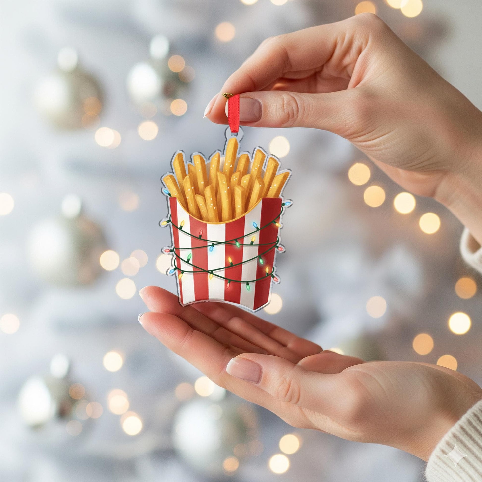 French Fries Ornament with Striped Box and String Lights, Fast Food Style Christmas Decoration