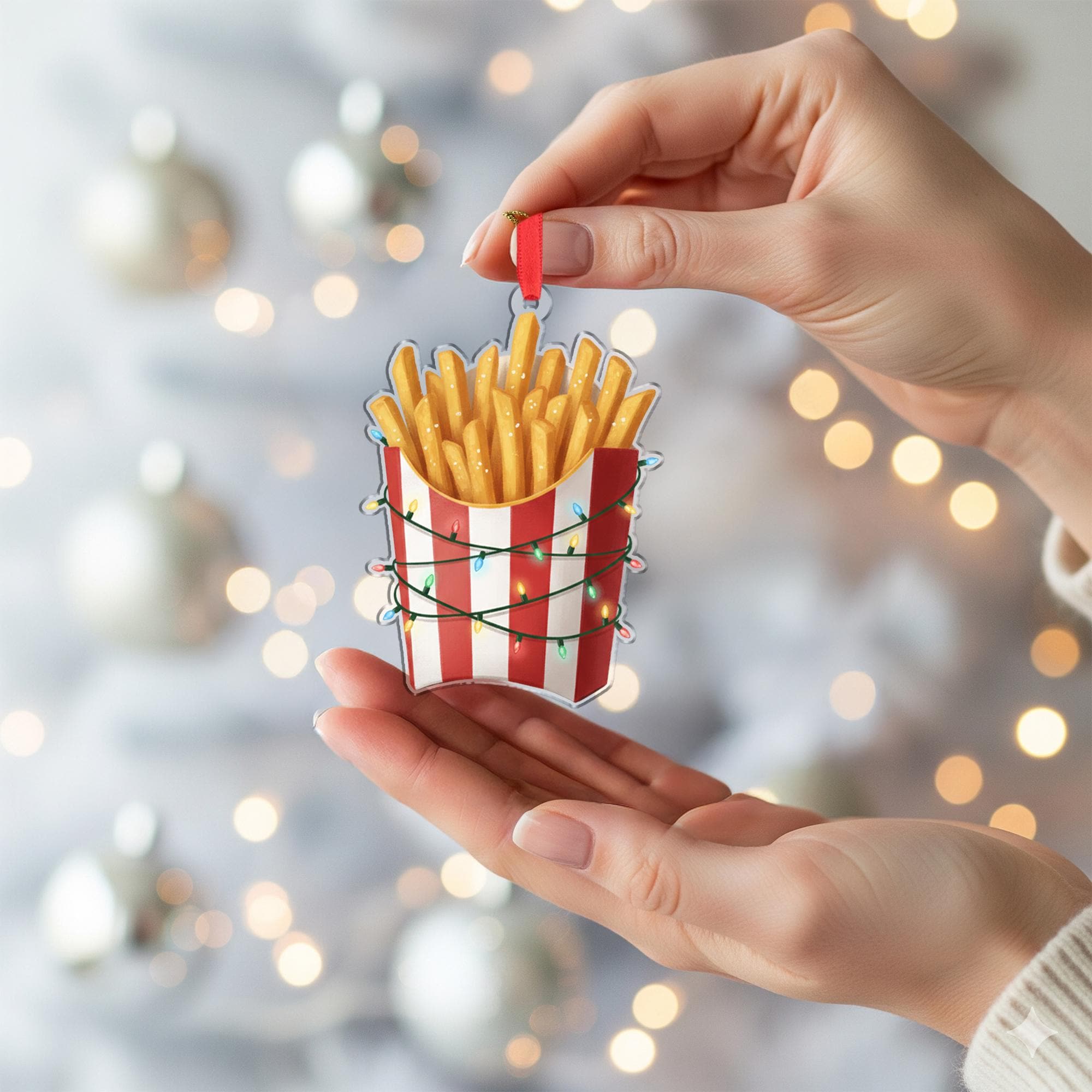 French Fries Ornament with Striped Box and String Lights, Fast Food Style Christmas Decoration