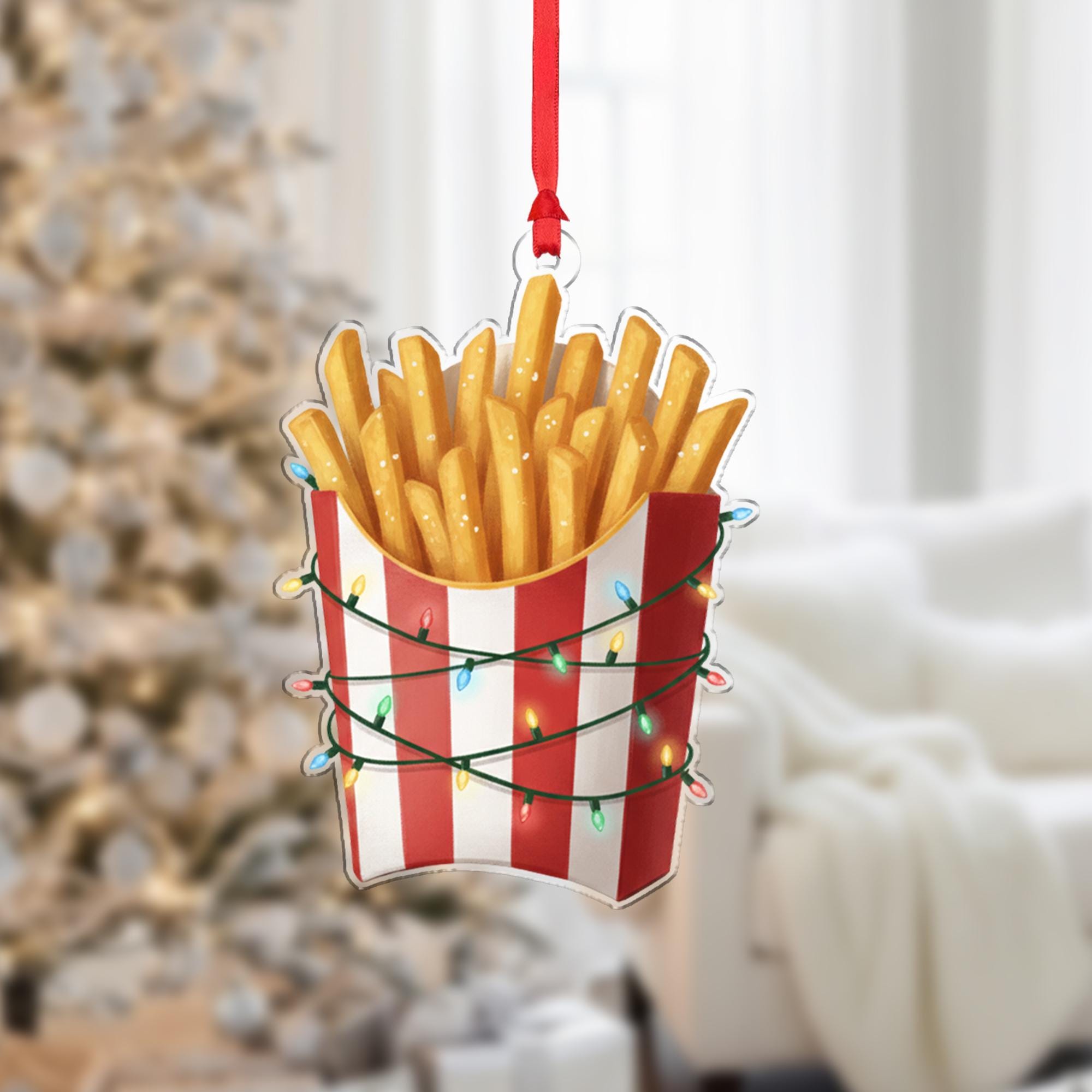 French Fries Ornament with Striped Box and String Lights, Fast Food Style Christmas Decoration
