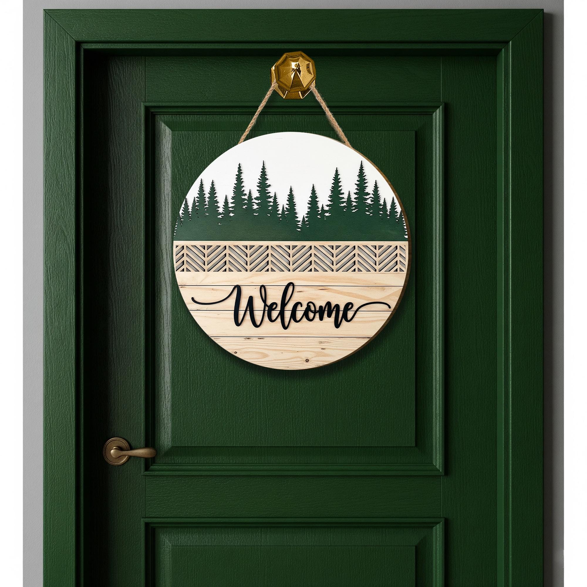 Personalized Wooden Welcome Sign - Forest Silhouette Door, Wall Decor