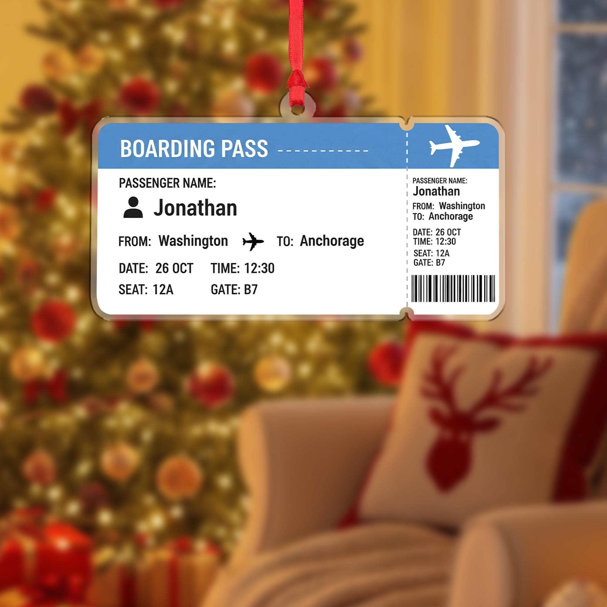 Boarding Pass Ornament – Personalized Travel Gift, Custom Airline Ticket Christmas Keepsake