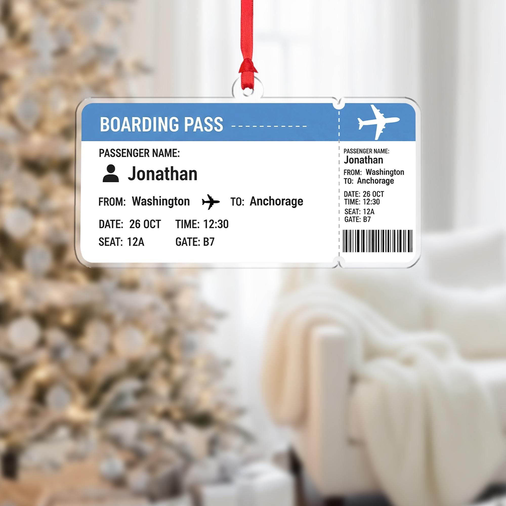Boarding Pass Ornament – Personalized Travel Gift, Custom Airline Ticket Christmas Keepsake