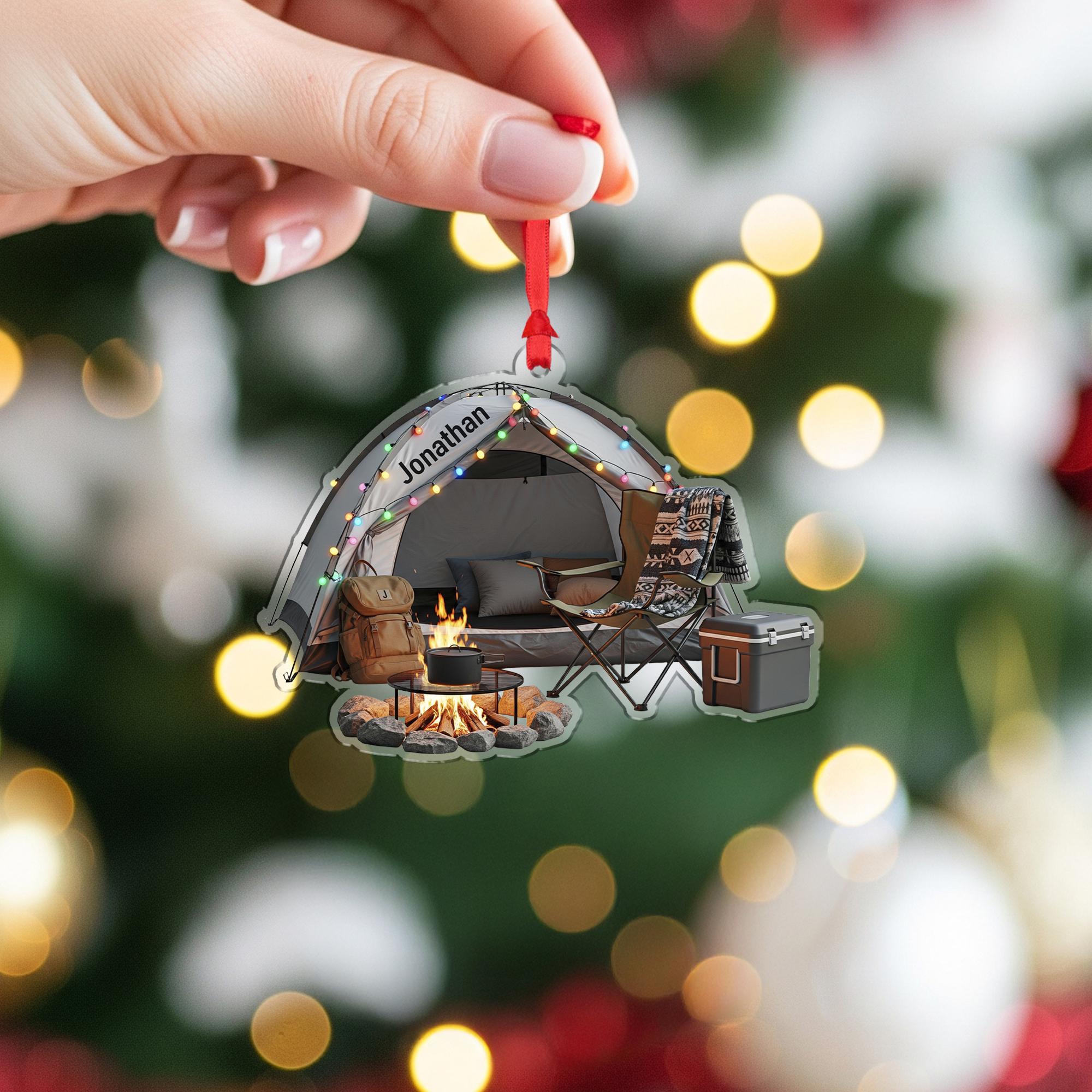 Camping Tent Ornament – Personalized Campfire Gift, Custom Outdoor Christmas Keepsake