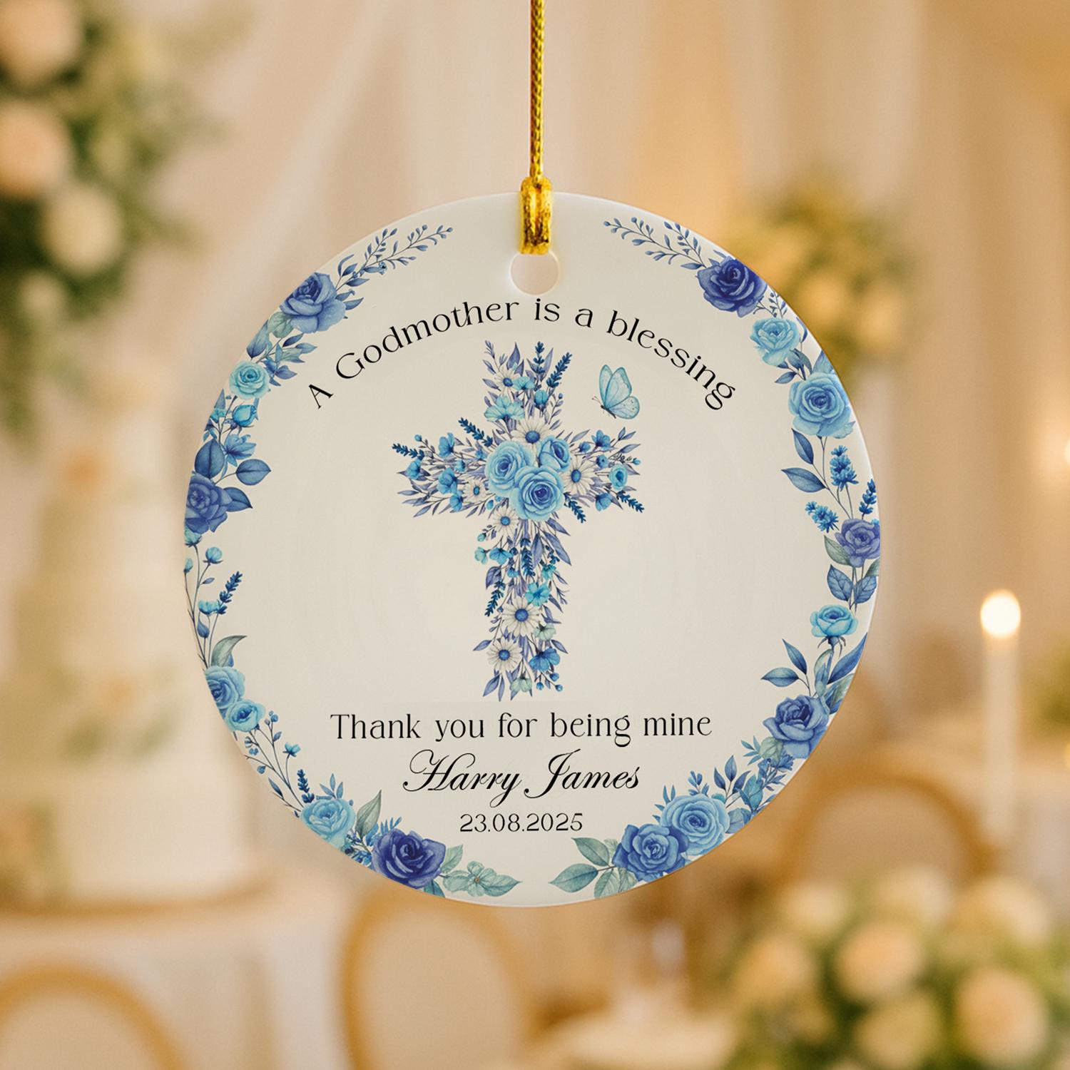 Personalized Godmother Gift Ornament: Floral Cross Ceramic Keepsake