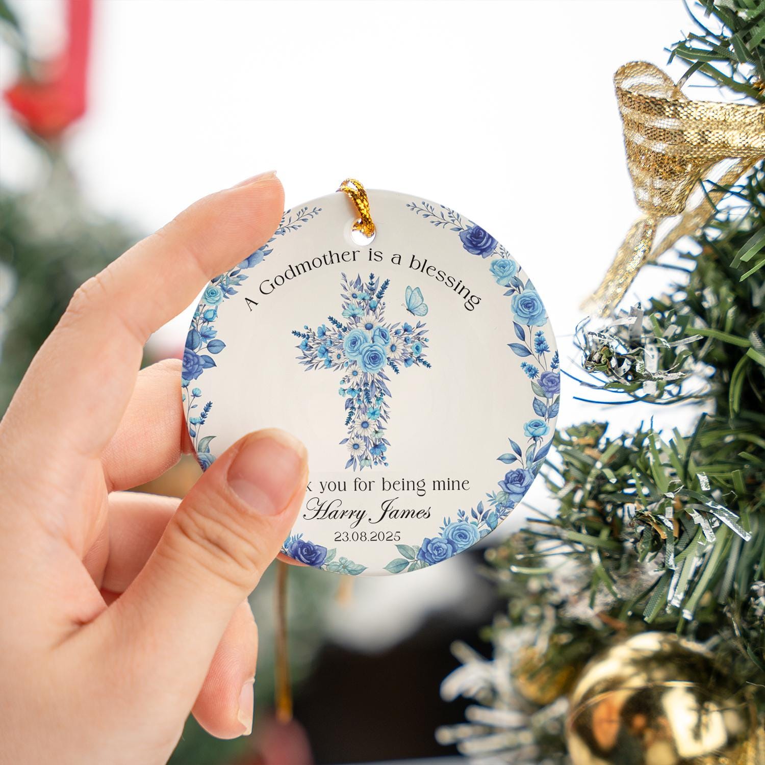 Personalized Godmother Gift Ornament: Floral Cross Ceramic Keepsake