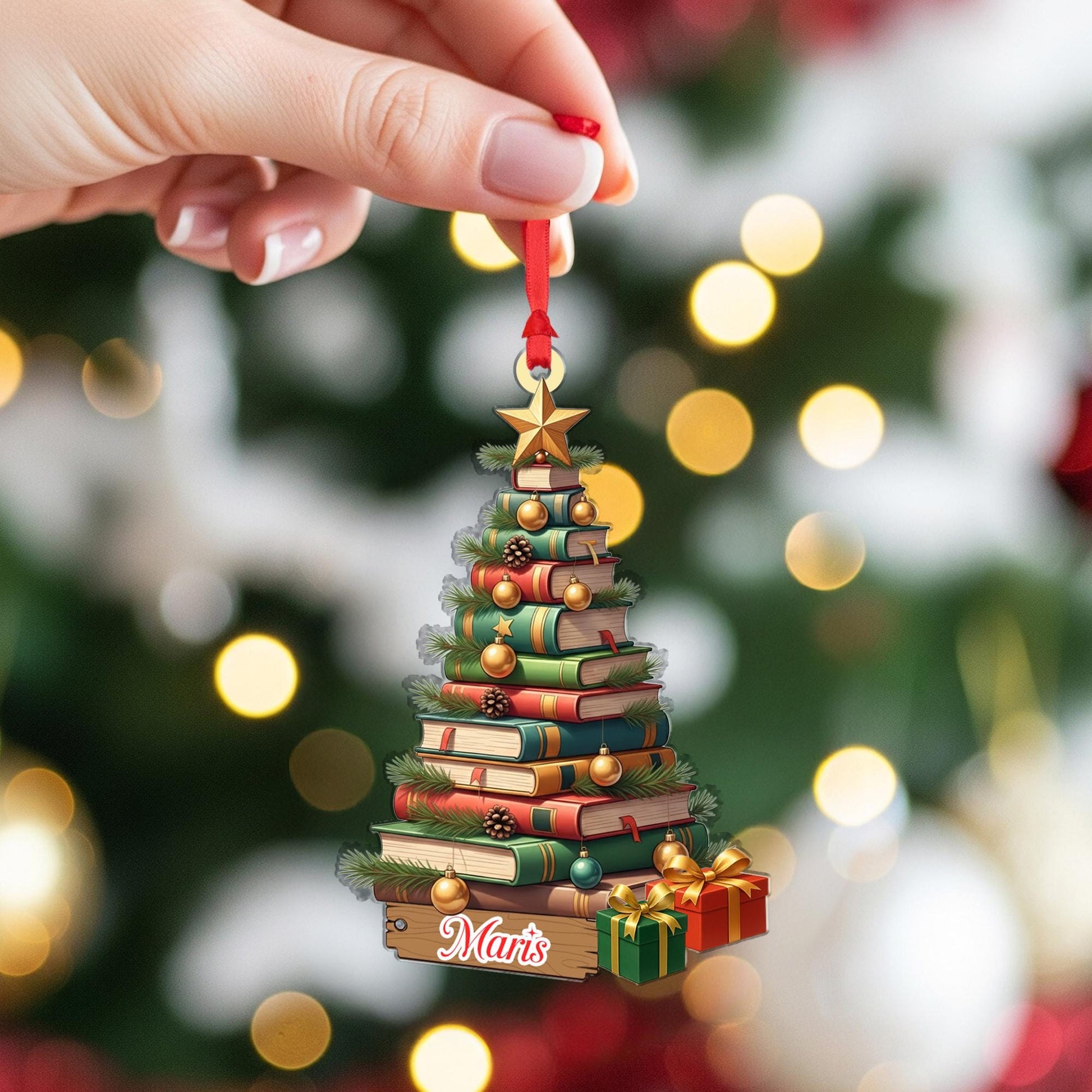 Personalized Book Lover Christmas Ornament: Fiber Wood Tree