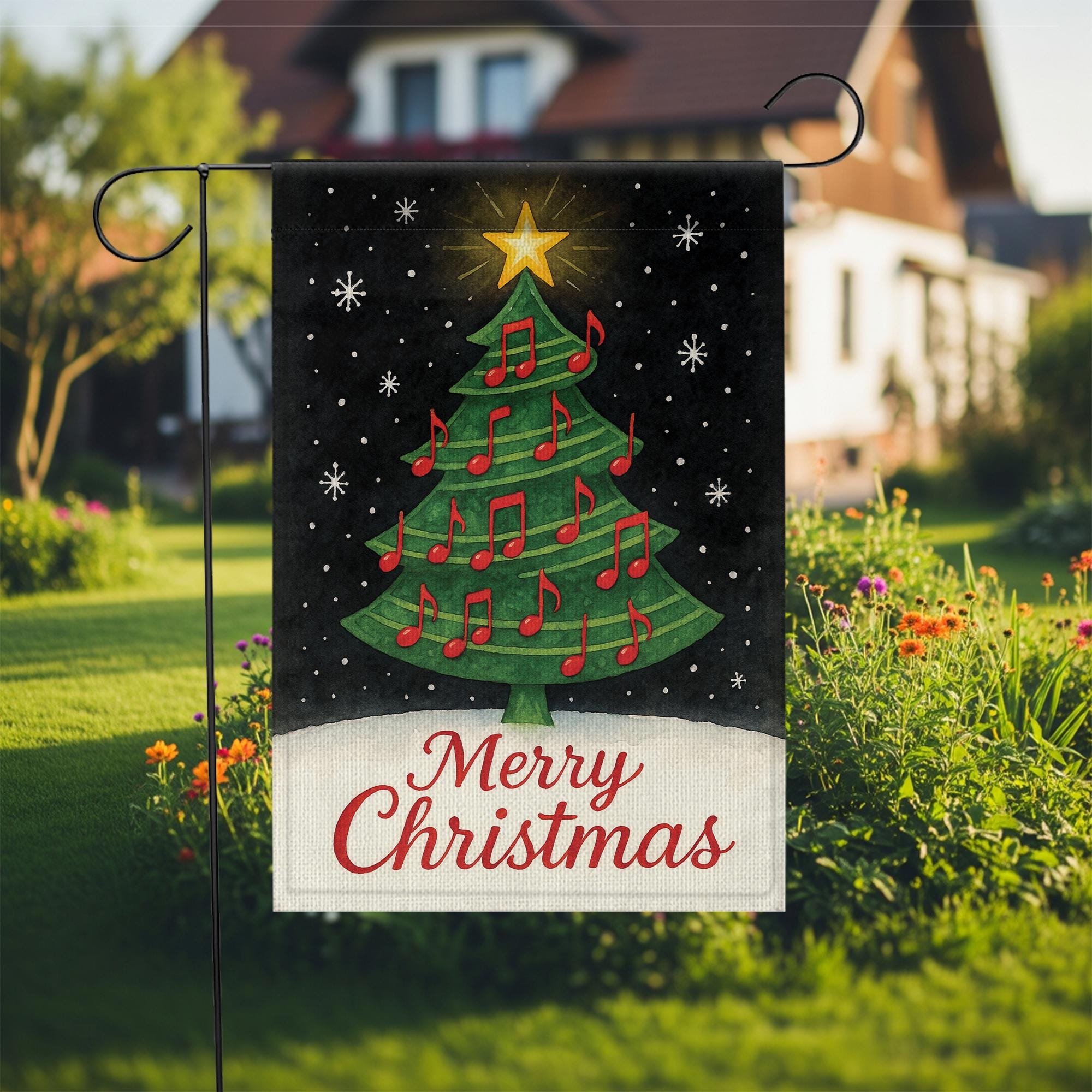 Musical Christmas Tree Garden Flag: Double-Sided Polyester