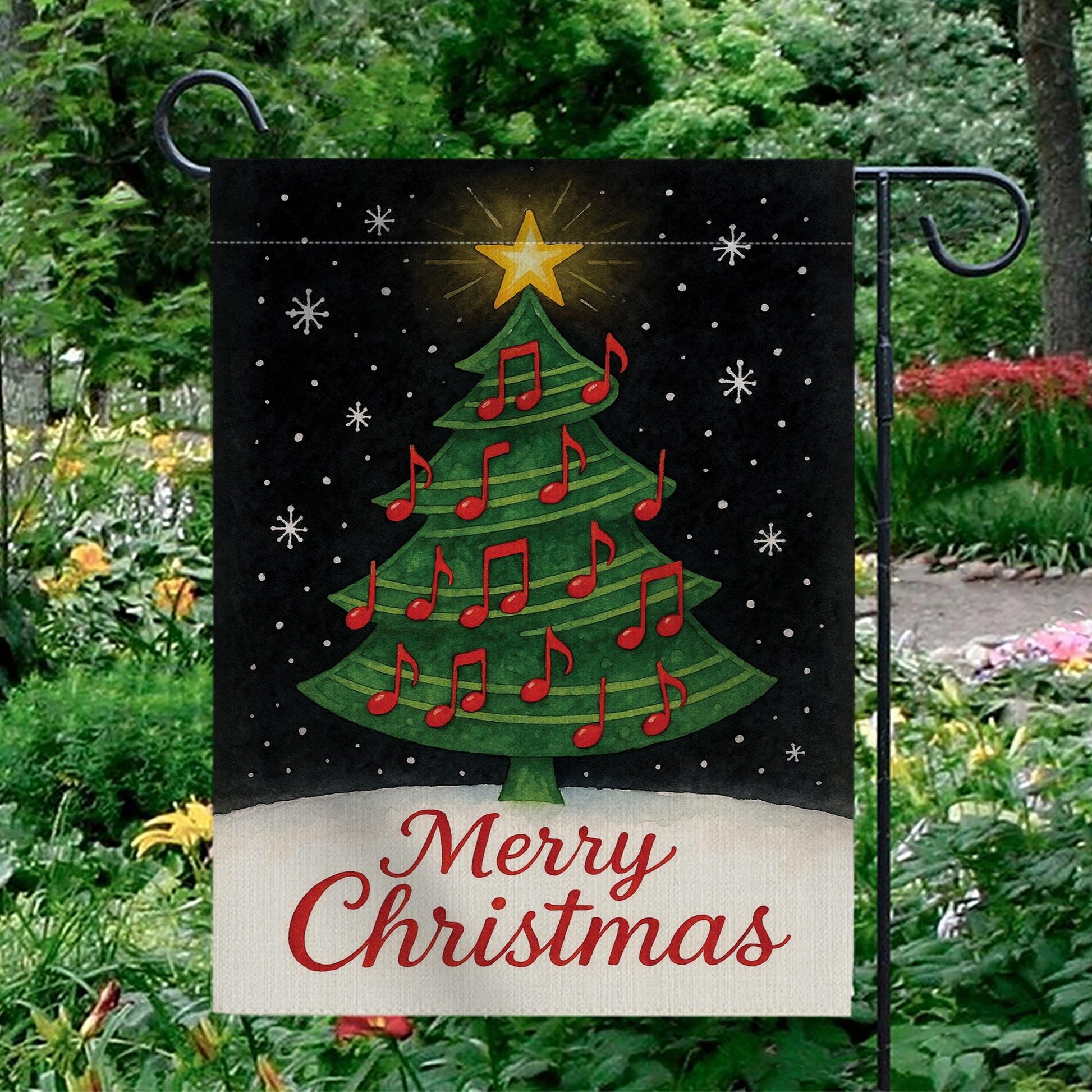 Musical Christmas Tree Garden Flag: Double-Sided Polyester