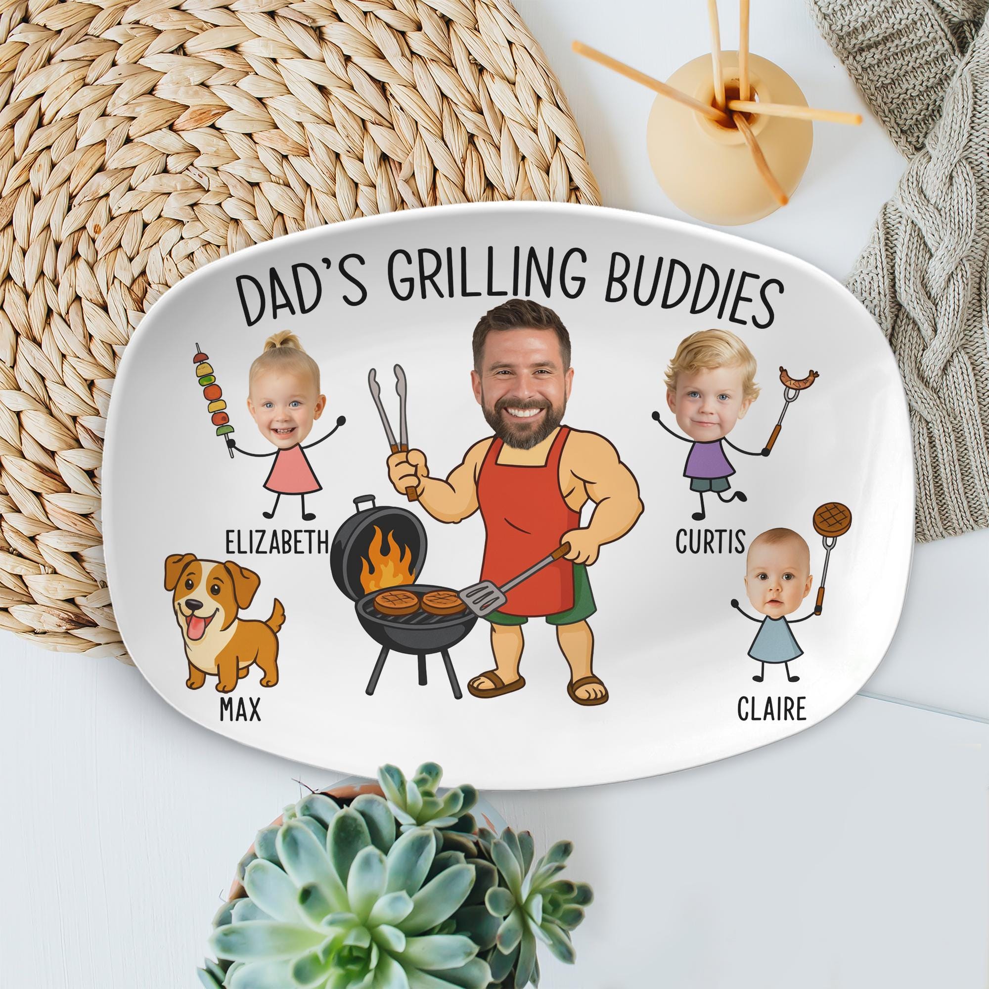 Personalized Dad's Grilling Platter with Kids and Pets - Funny Family Decor