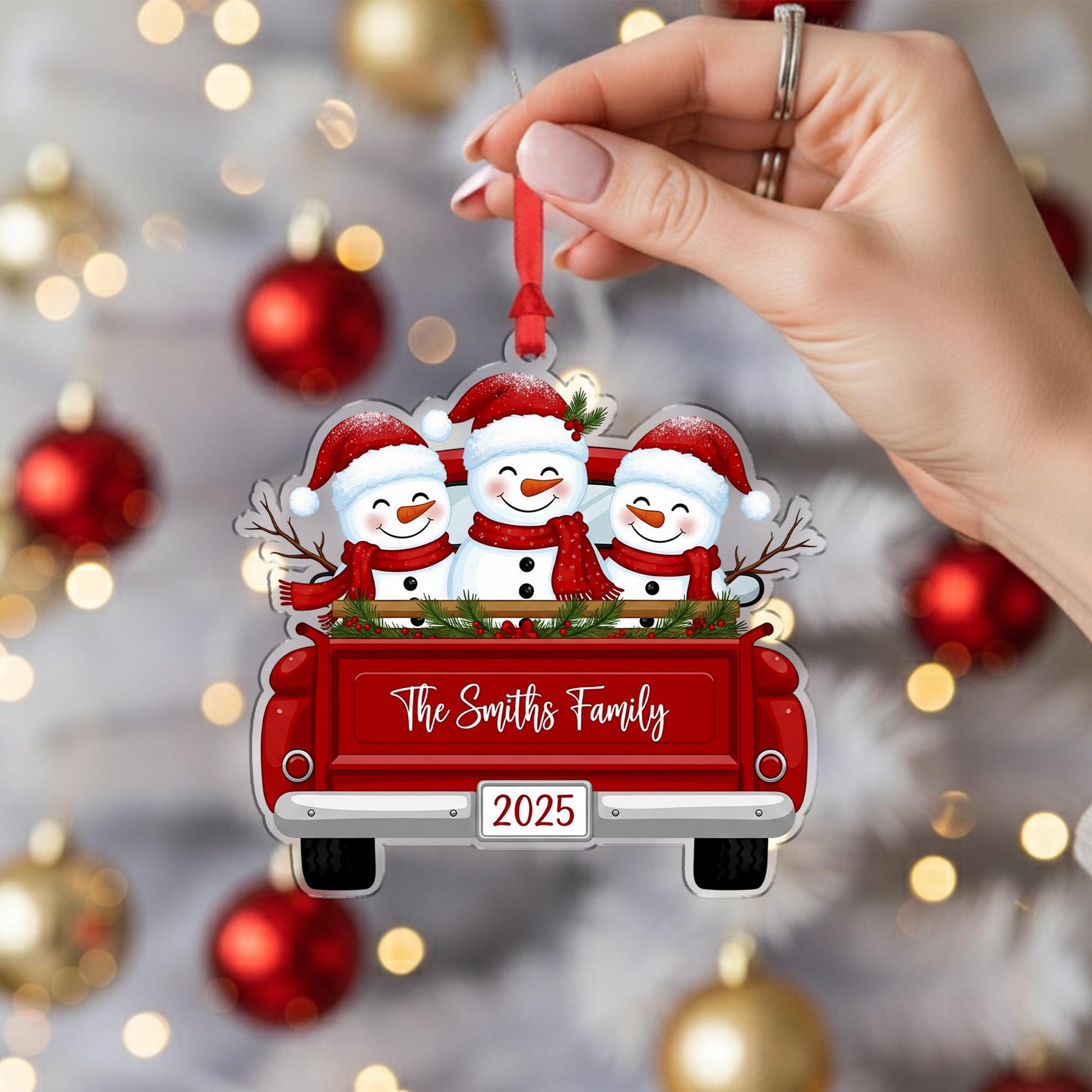 Personalized Snowman Family Ornament: Custom Red Truck Christmas Decoration
