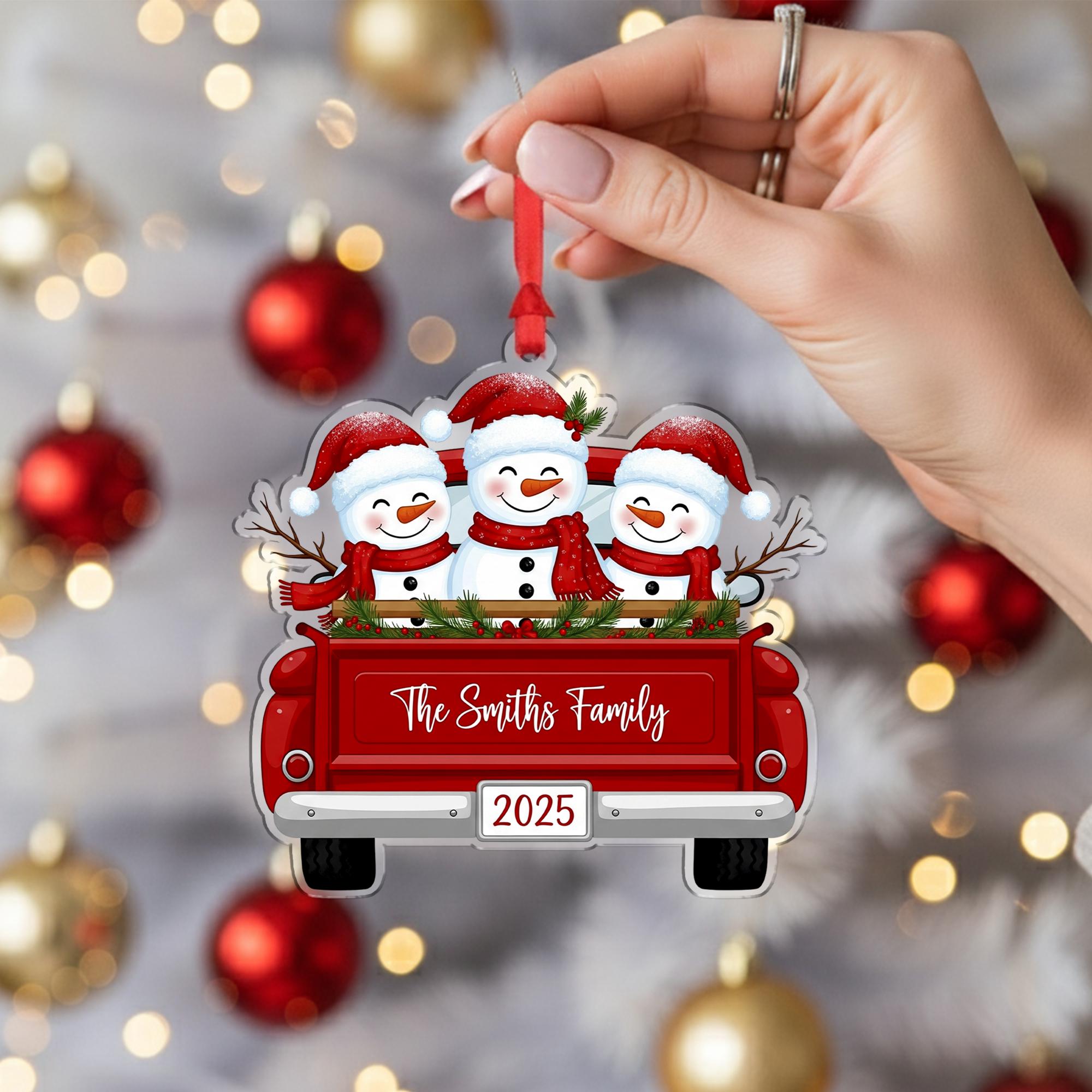 Personalized Snowman Family Ornament: Custom Red Truck Christmas Decoration