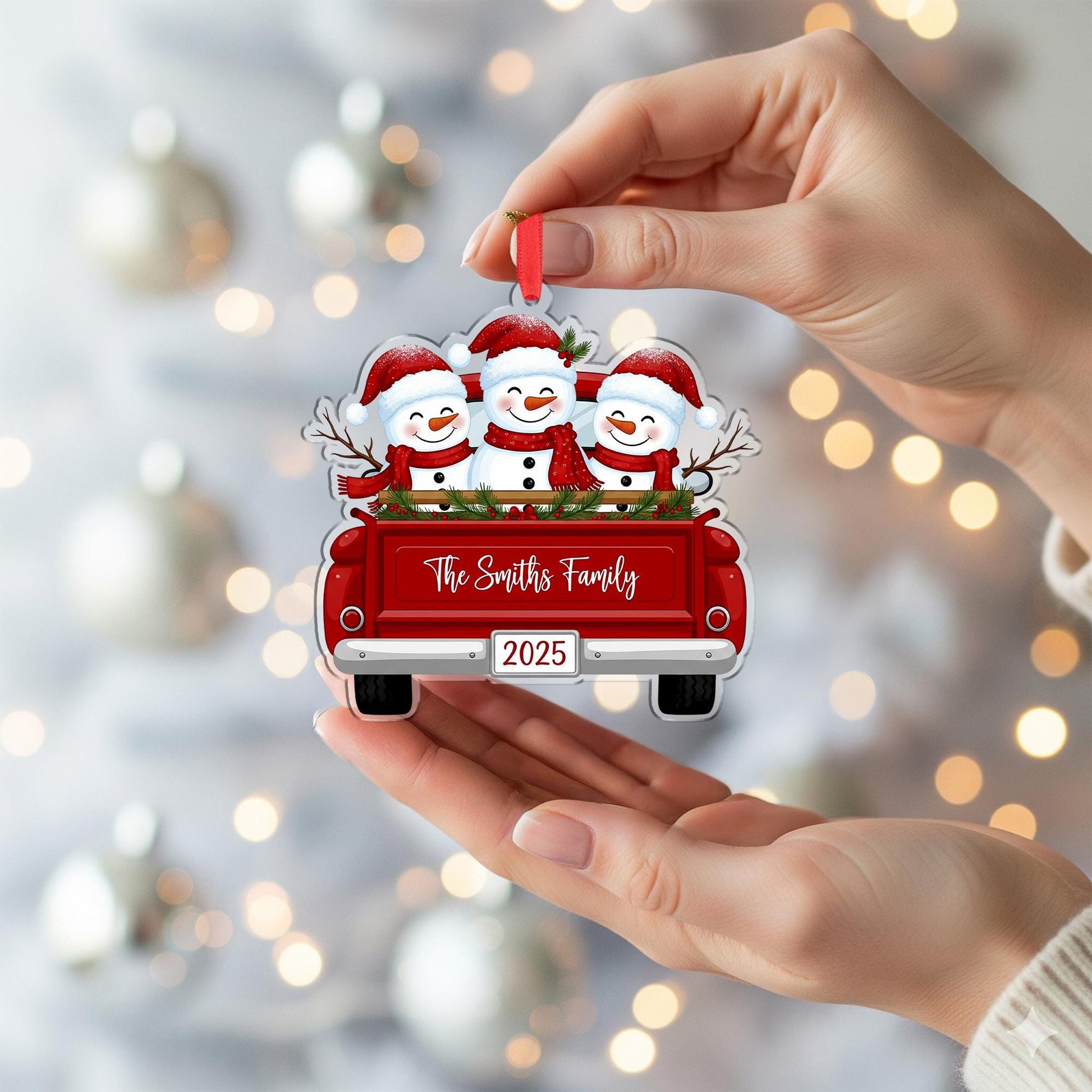 Personalized Snowman Family Ornament: Custom Red Truck Christmas Decoration