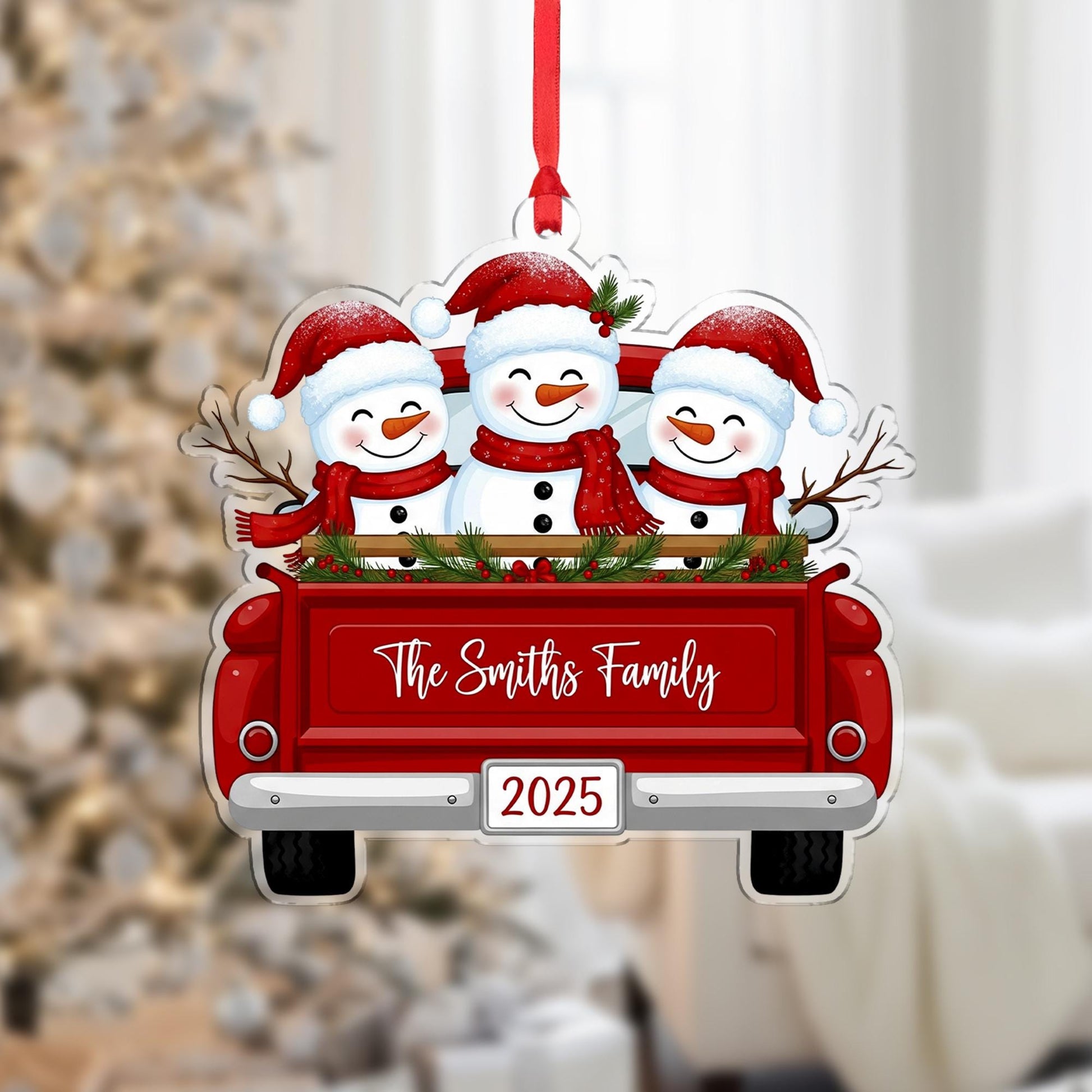 Personalized Snowman Family Ornament: Custom Red Truck Christmas Decoration