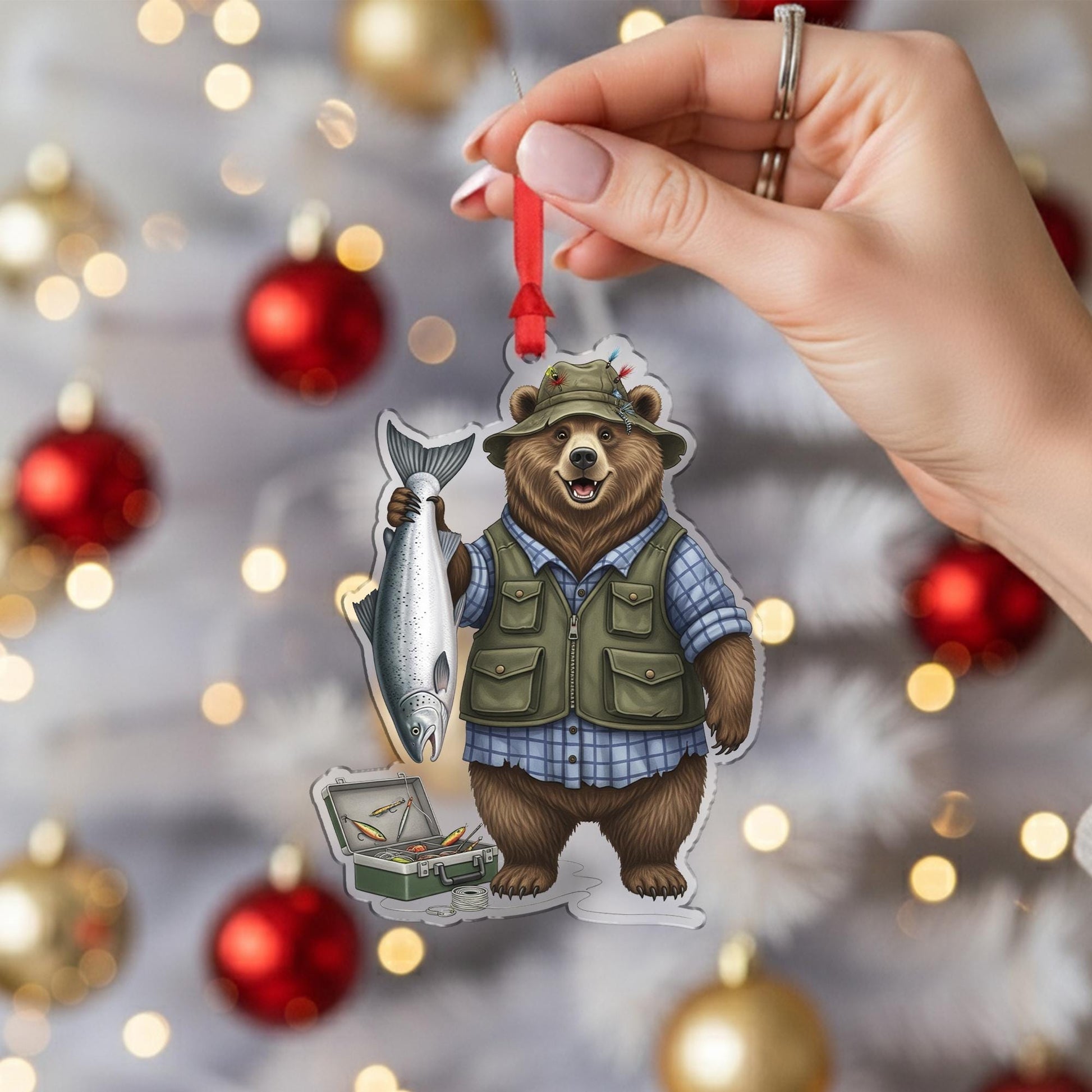 Fishing Bear Acrylic Ornament, Nature Cabin Decor