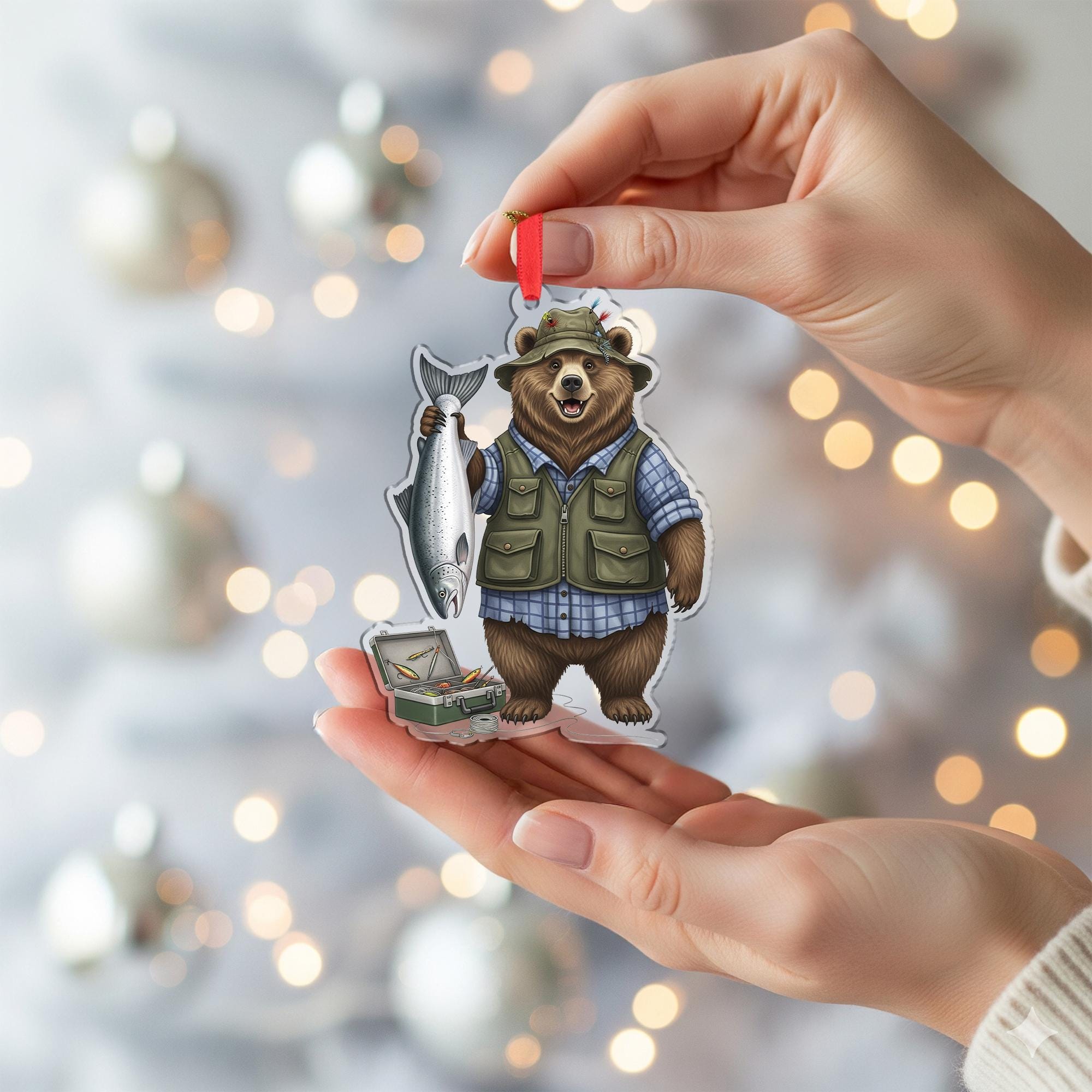 Fishing Bear Acrylic Ornament, Nature Cabin Decor
