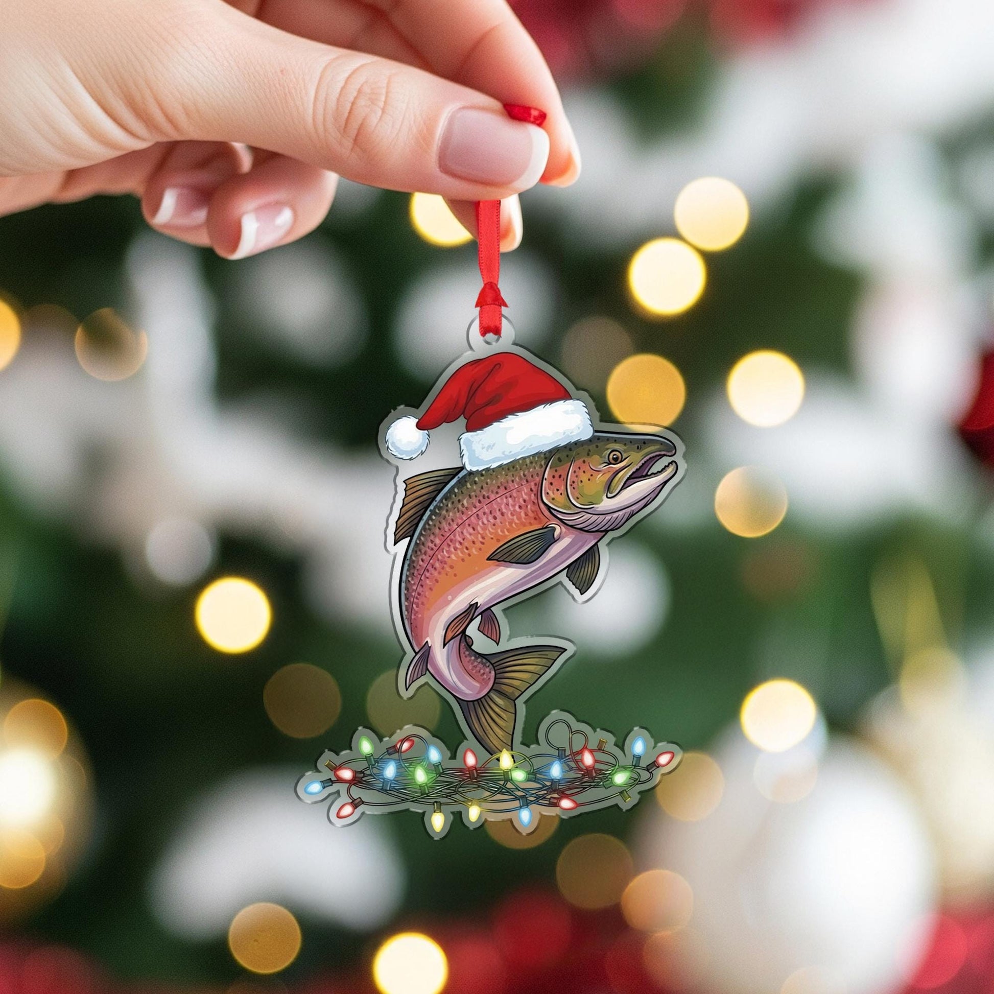 Christmas Fish Ornament, Trout Holiday Decor with Santa Hat