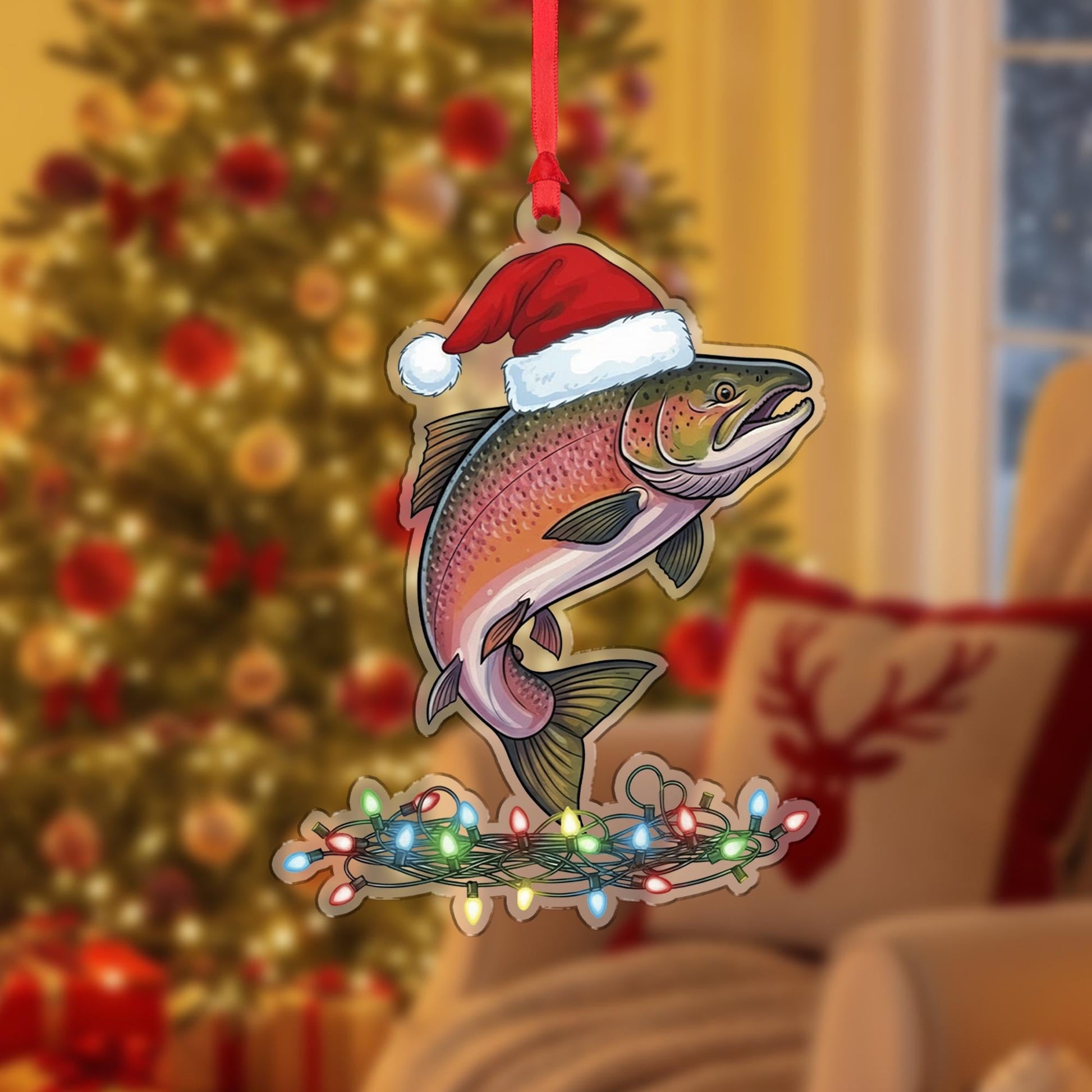 Christmas Fish Ornament, Trout Holiday Decor with Santa Hat