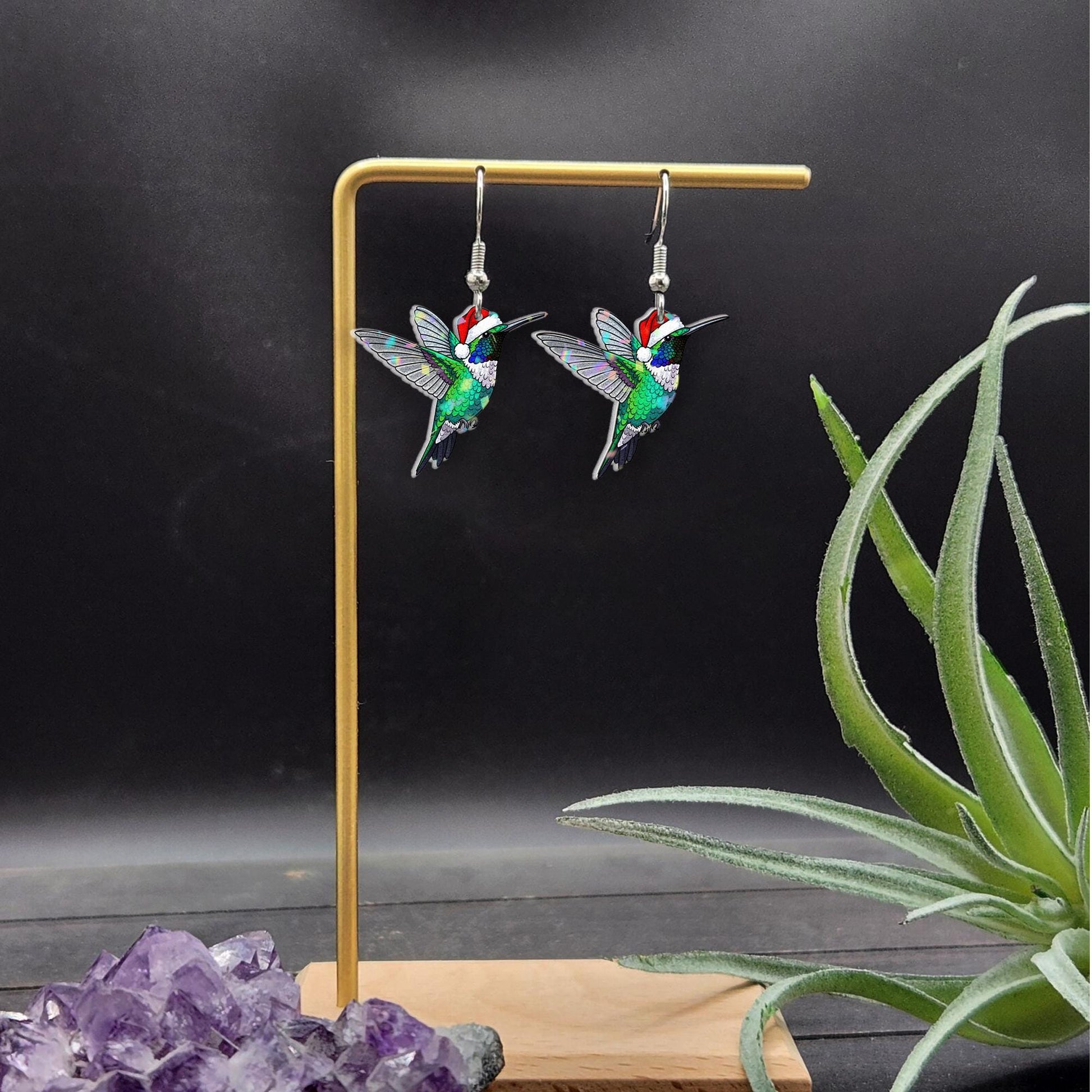 Christmas Hummingbird Earrings, Holiday Jewelry with Santa Hat Design