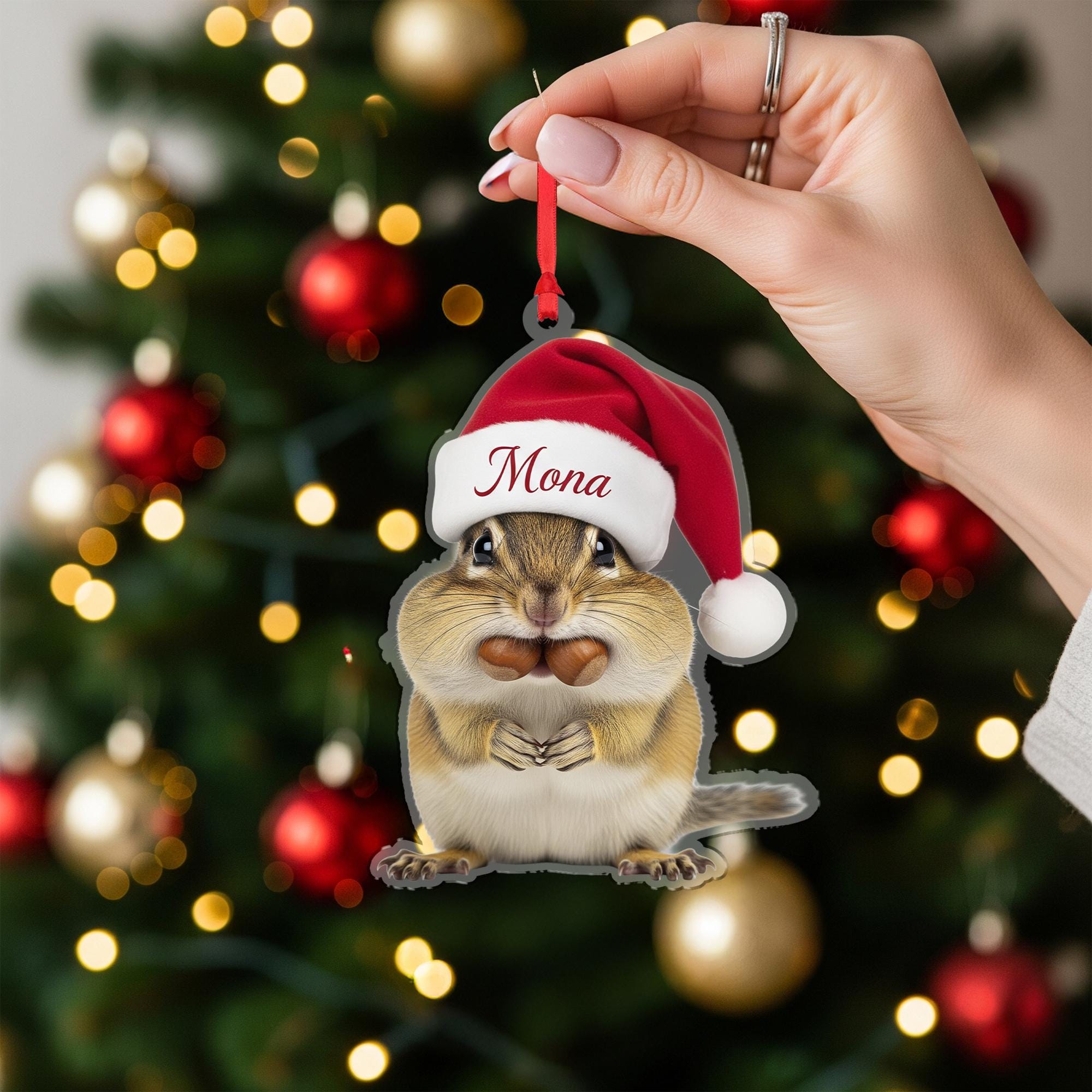 Personalized Chipmunk Ornament, Custom Christmas Decoration with Santa Hat
