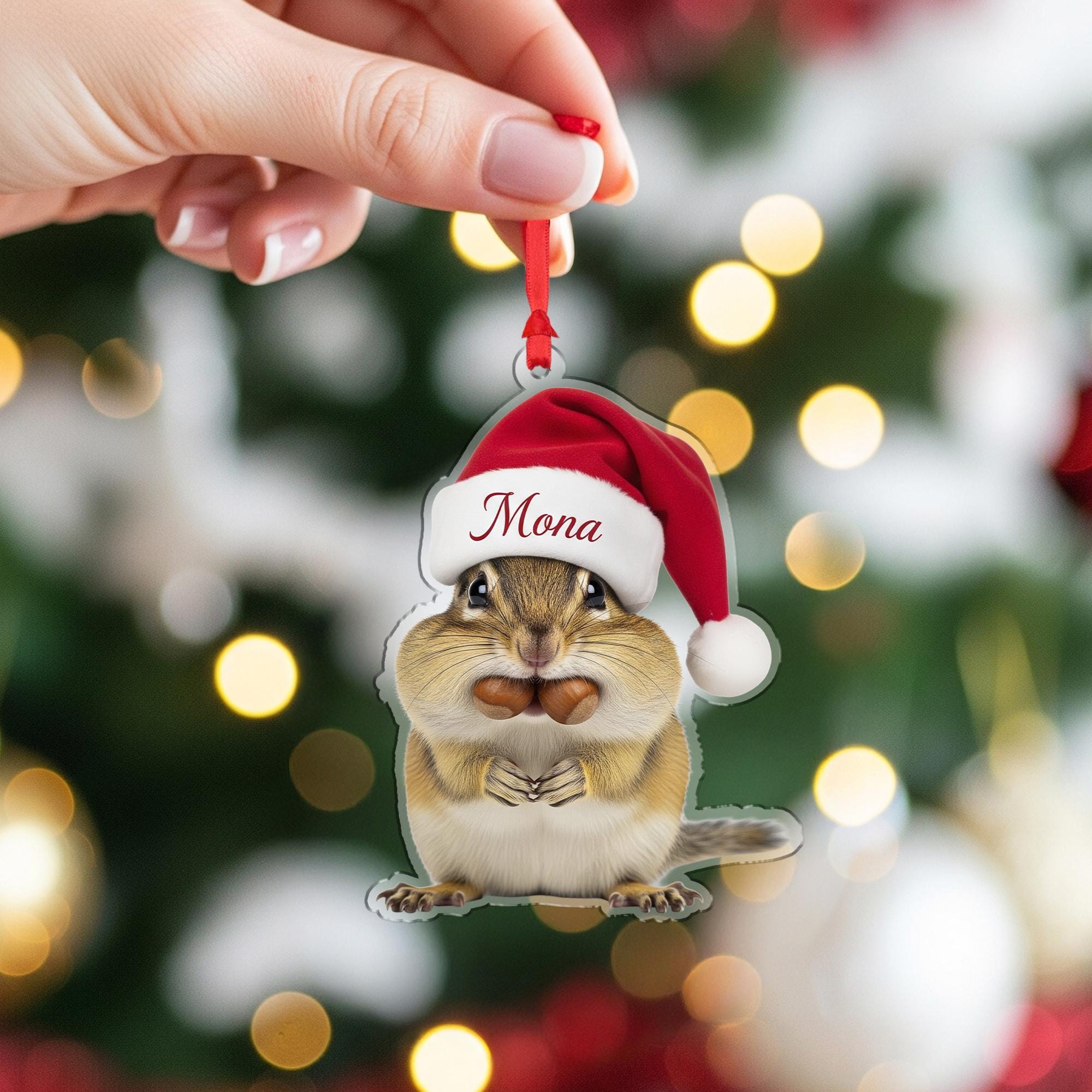 Personalized Chipmunk Ornament, Custom Christmas Decoration with Santa Hat
