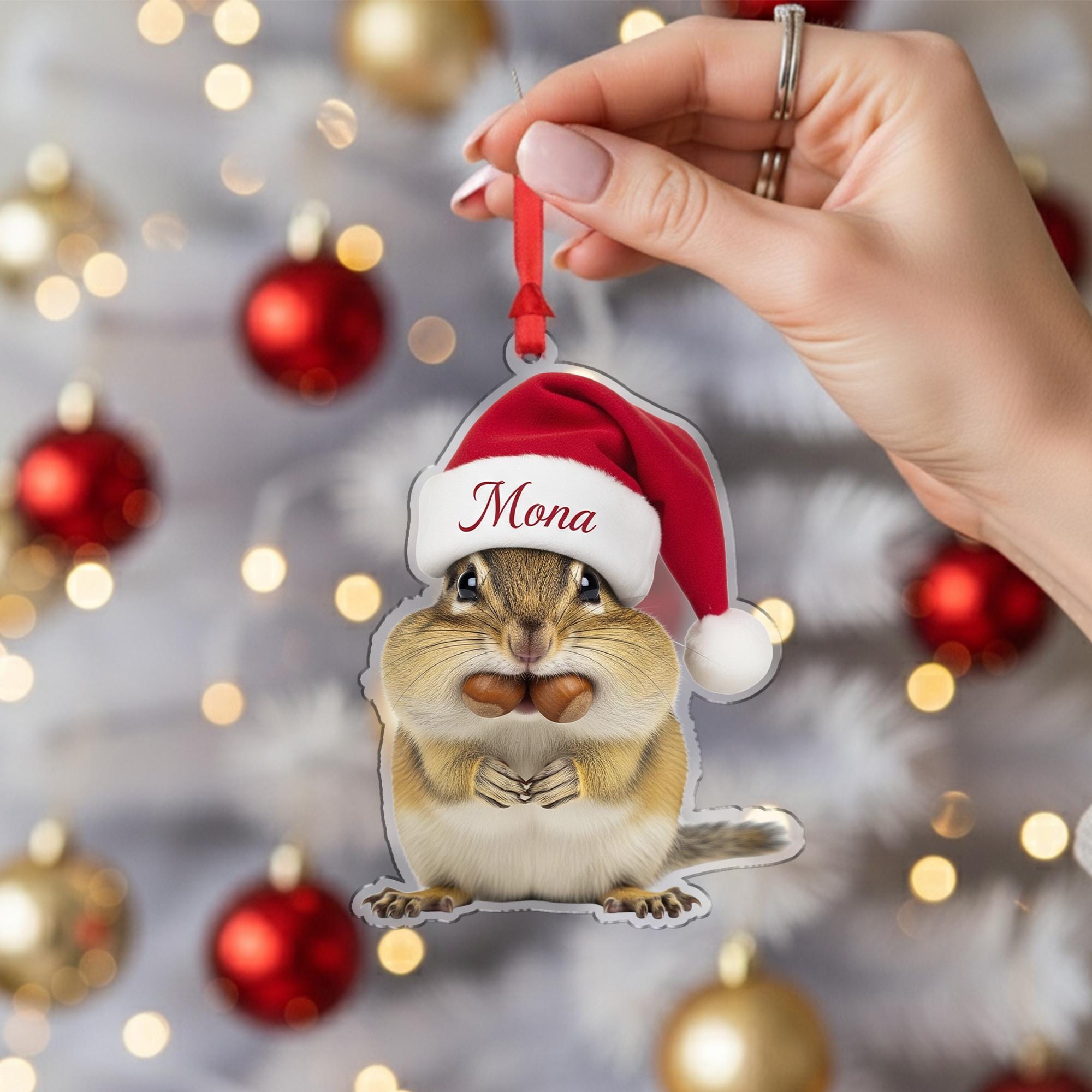 Personalized Chipmunk Ornament, Custom Christmas Decoration with Santa Hat