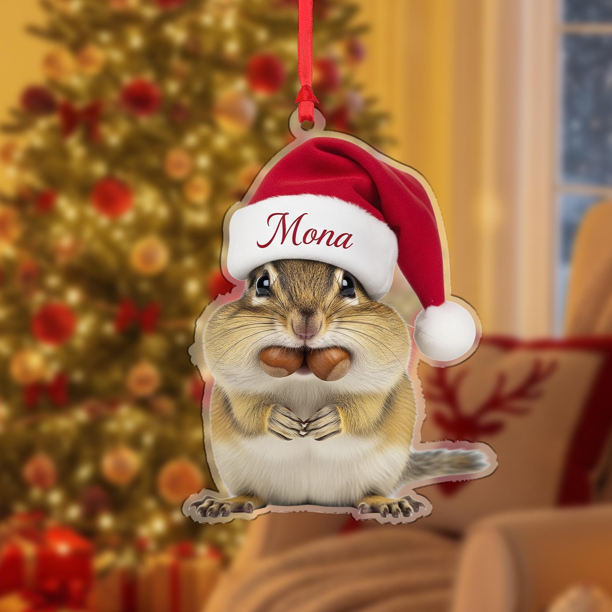 Personalized Chipmunk Ornament, Custom Christmas Decoration with Santa Hat
