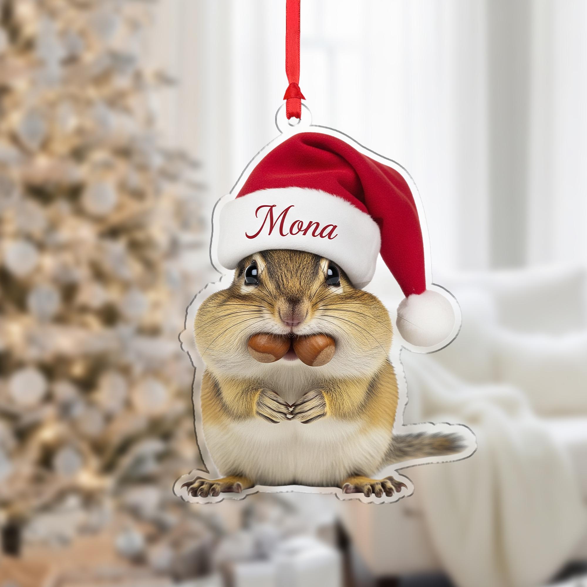 Personalized Chipmunk Ornament, Custom Christmas Decoration with Santa Hat