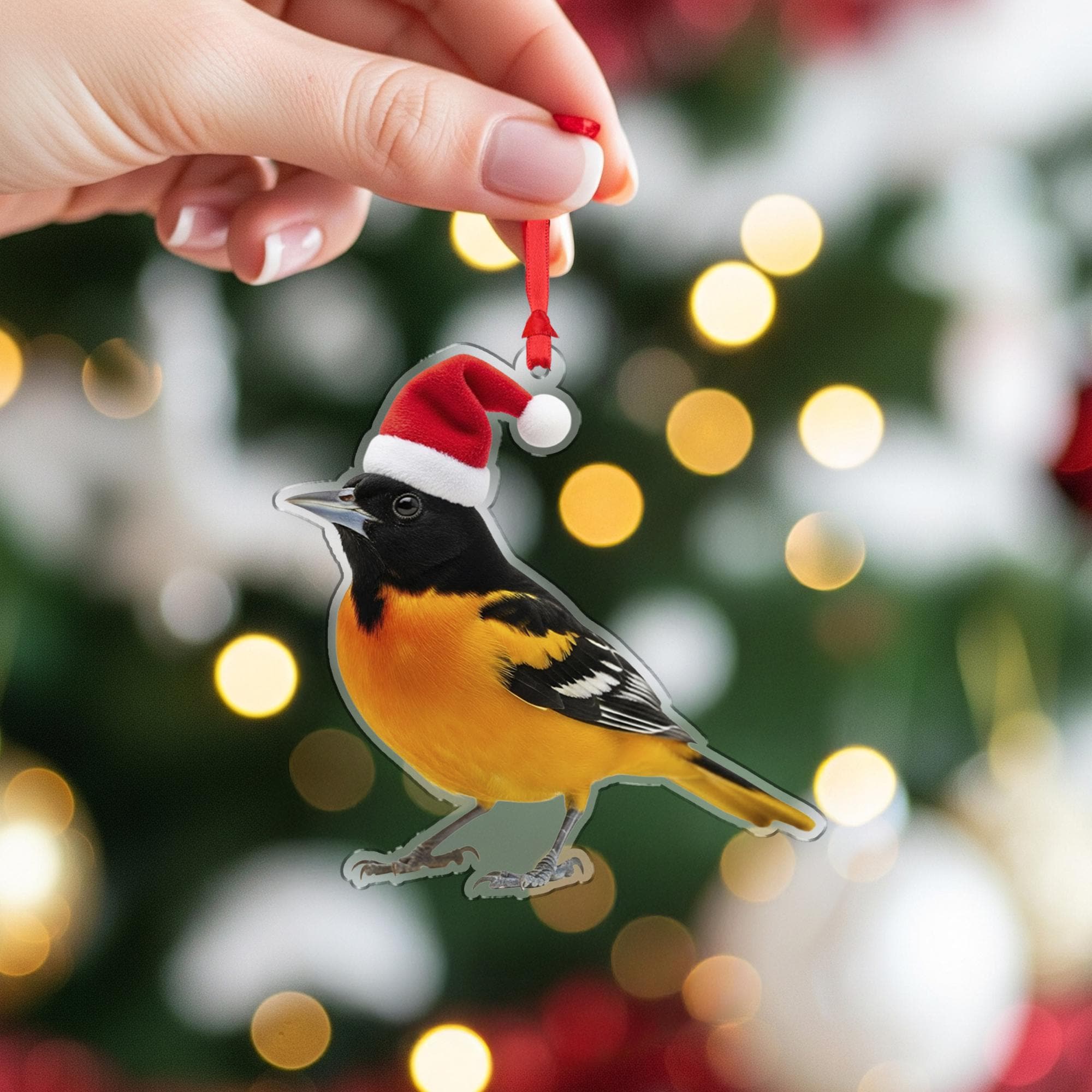 Baltimore Oriole Ornament, Bird Christmas Decoration with Santa Hat