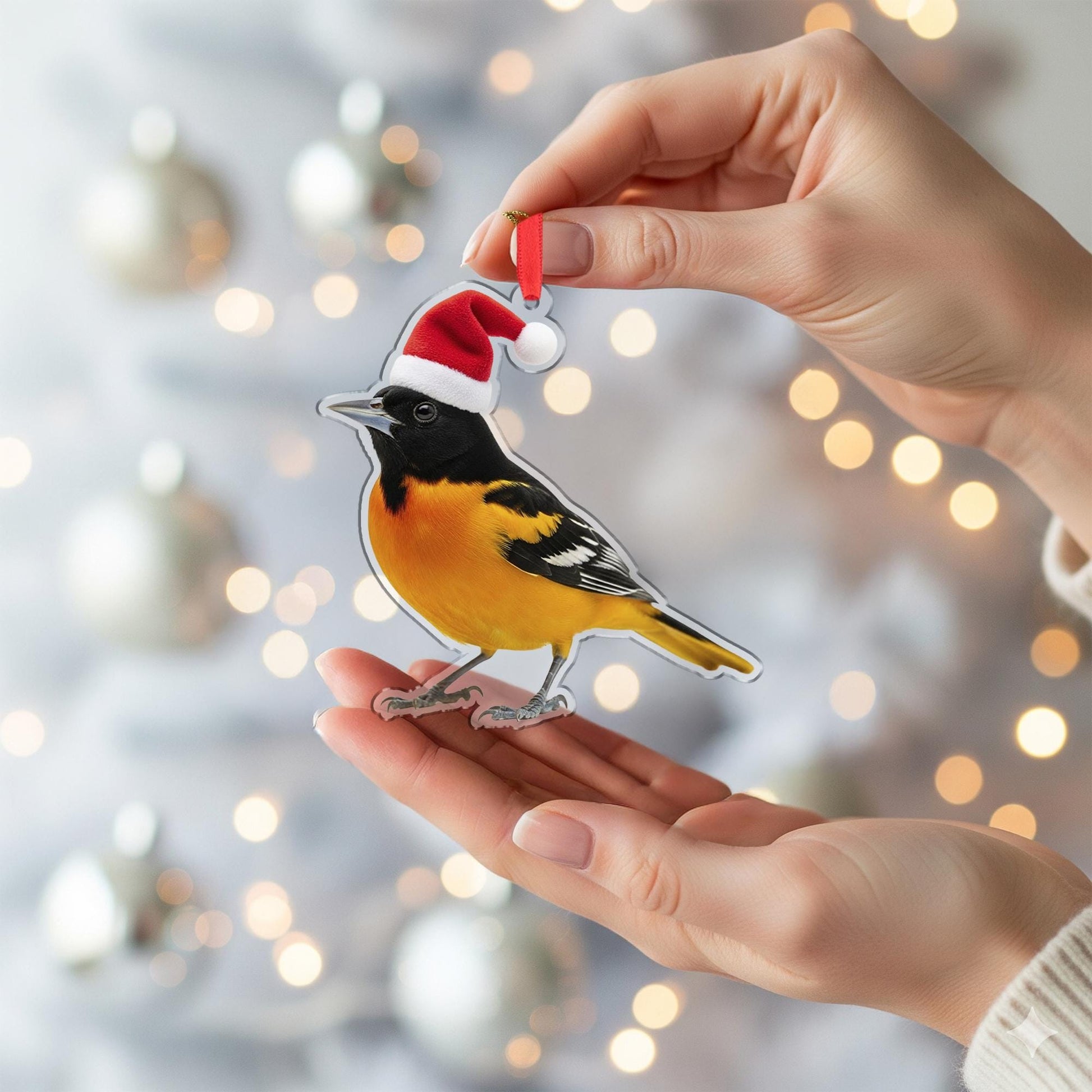 Baltimore Oriole Ornament, Bird Christmas Decoration with Santa Hat