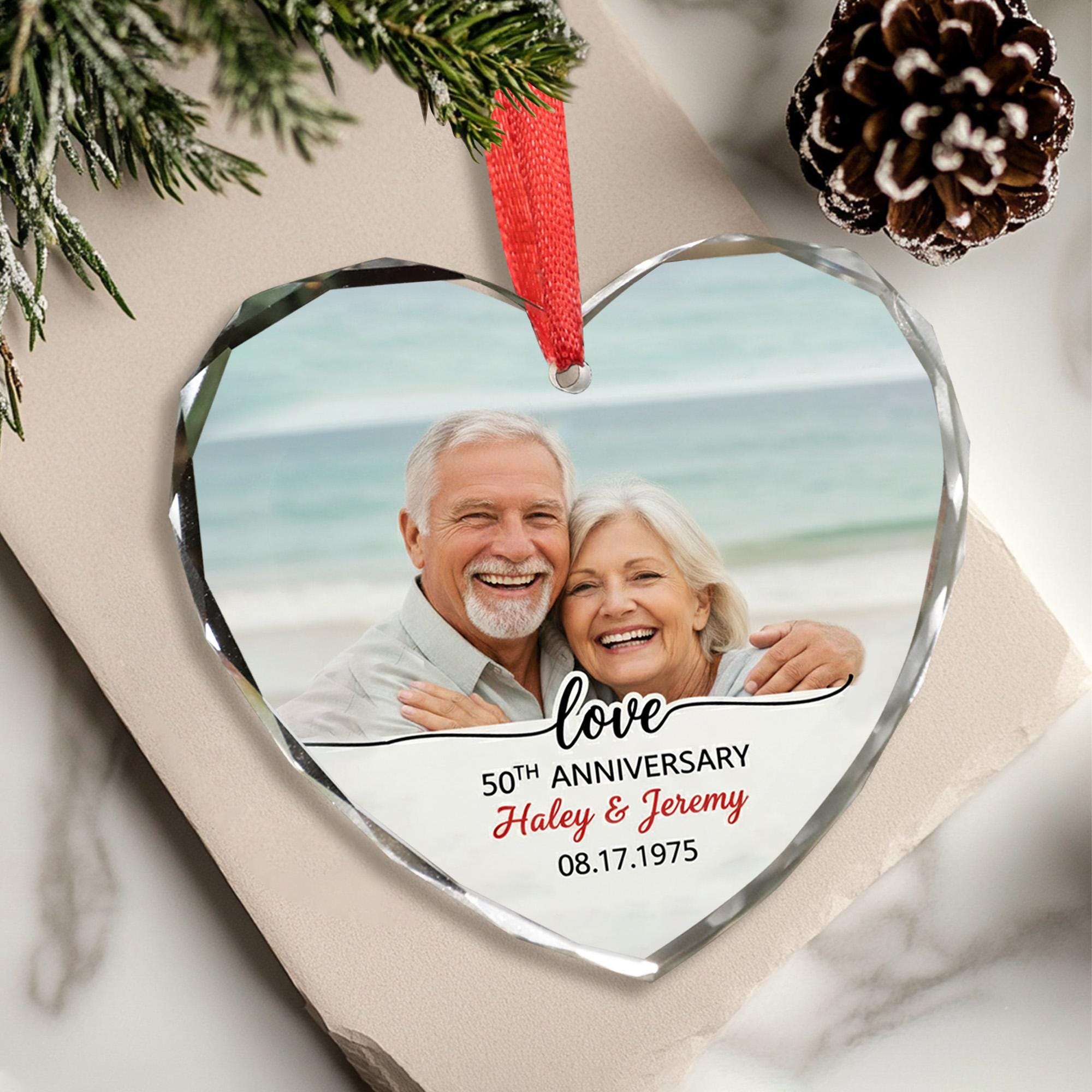 Personalized Anniversary Ornament – Heart Shaped Decoration with Photo and Names