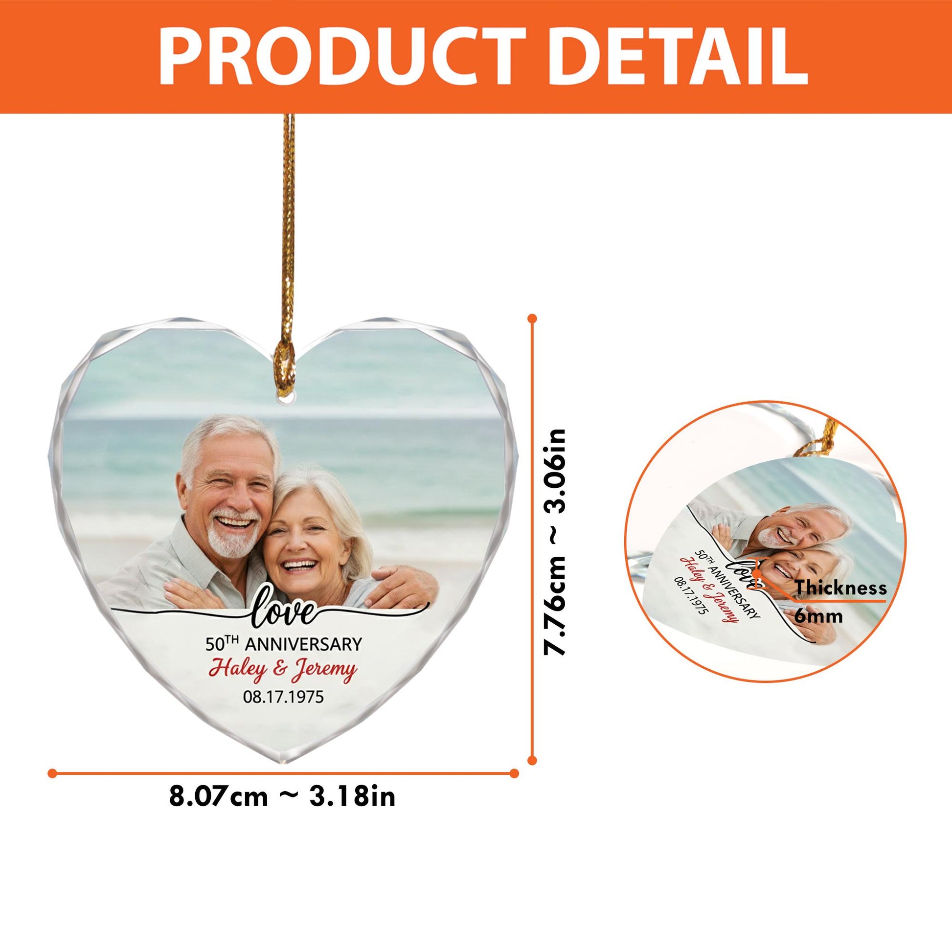 Personalized Anniversary Ornament – Heart Shaped Decoration with Photo and Names
