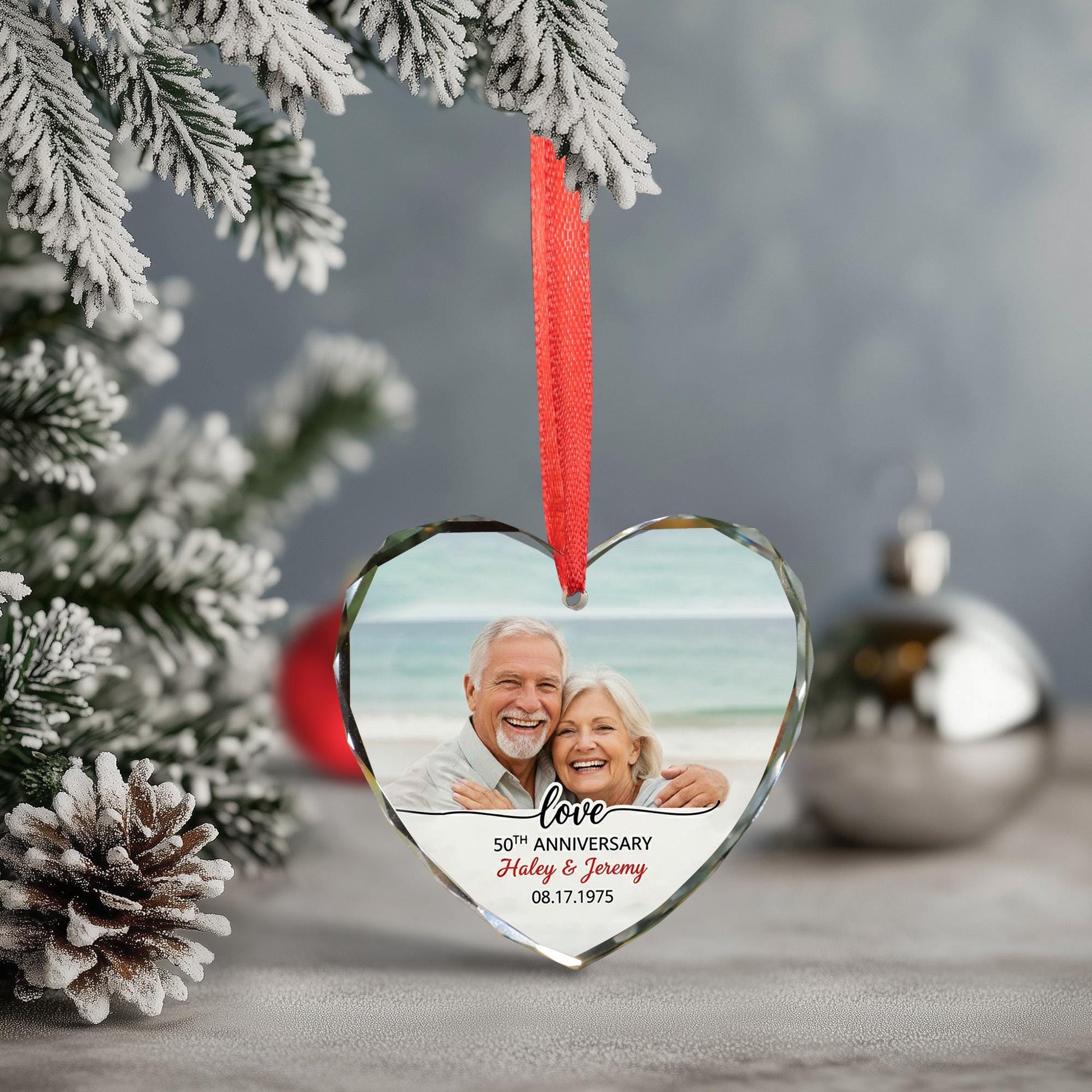 Personalized Anniversary Ornament – Heart Shaped Decoration with Photo and Names