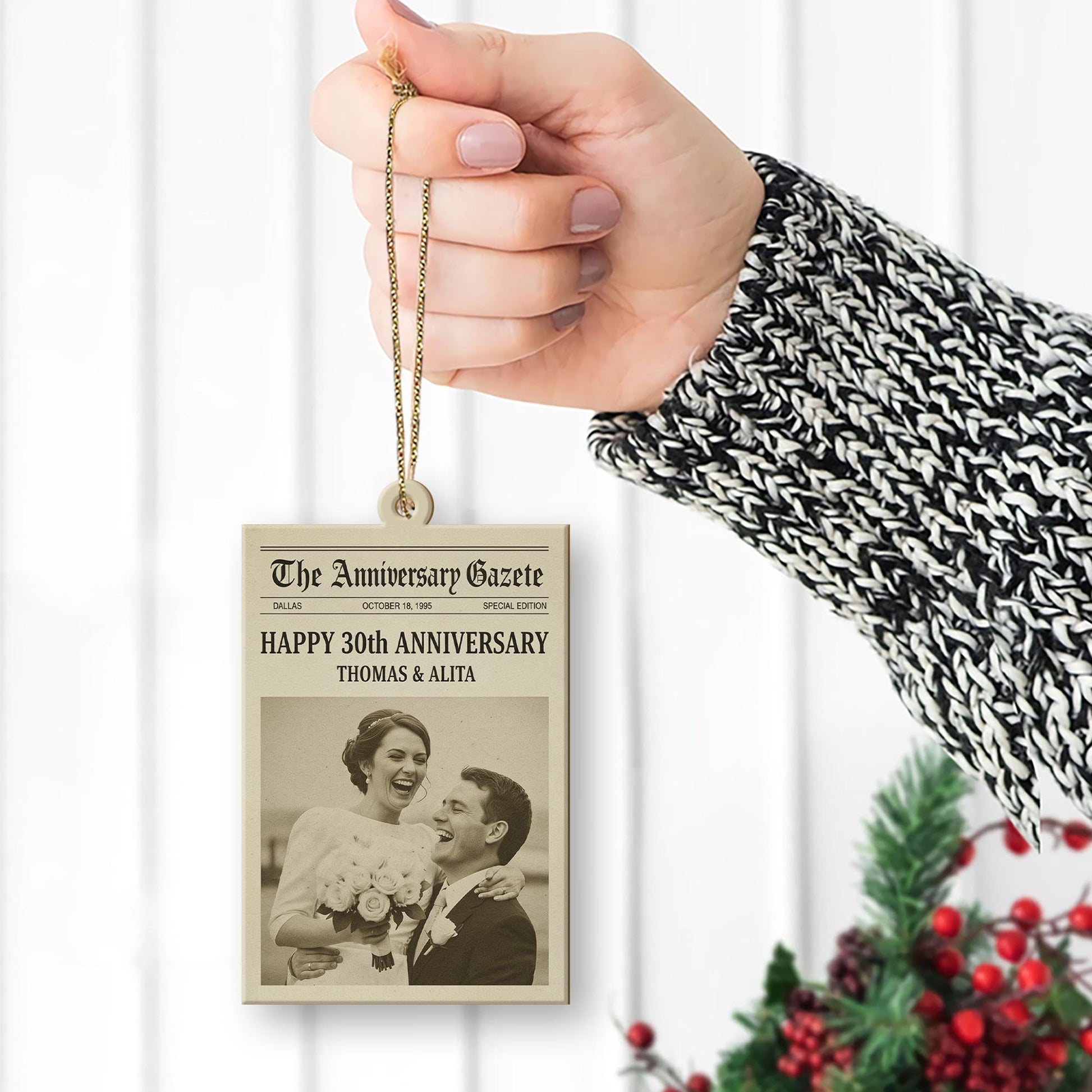 Personalized Anniversary Ornament – Newspaper Design Photo Keepsake, 30th Wedding Decoration