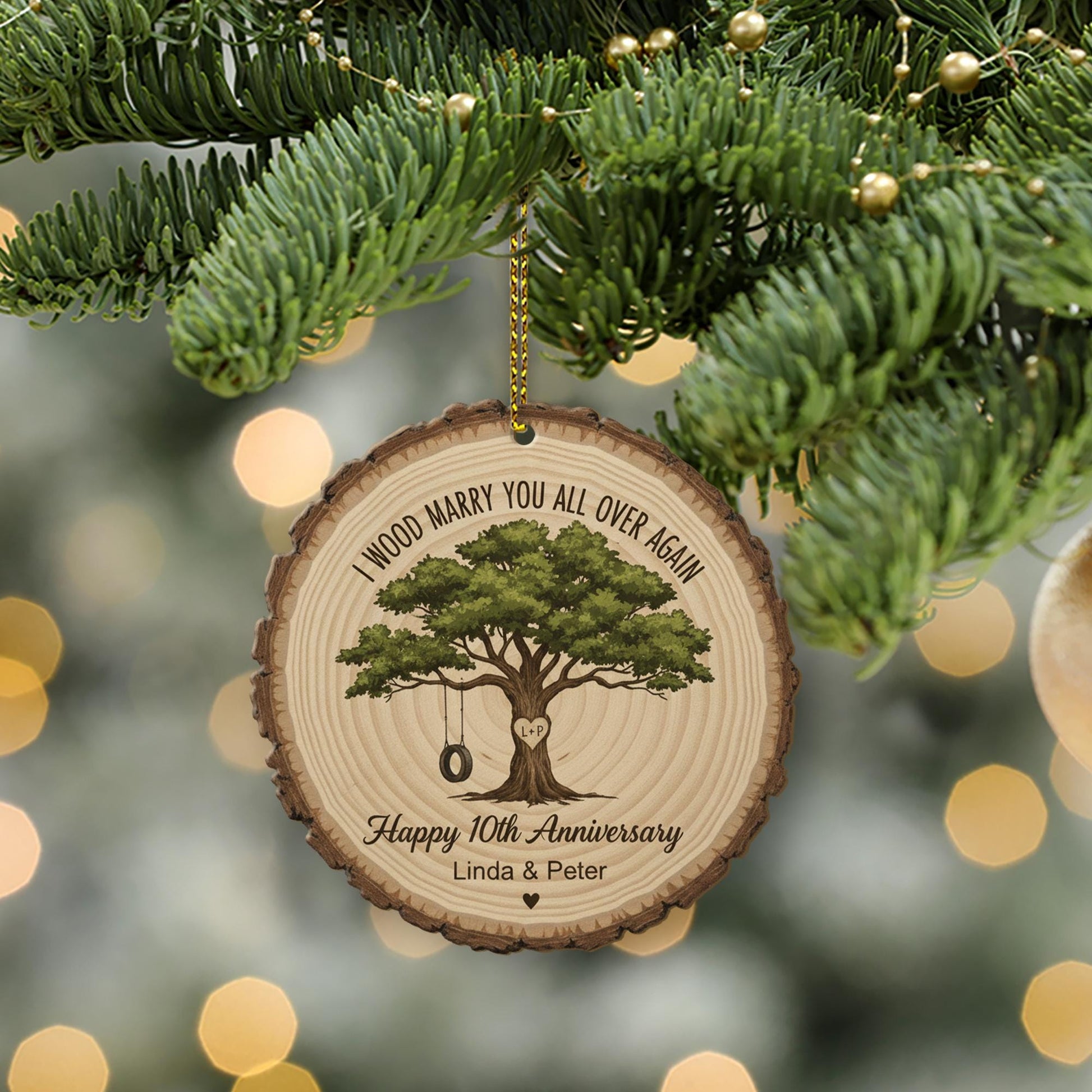Personalized Anniversary Ornament – Custom Tree Design Wood Slice Keepsake