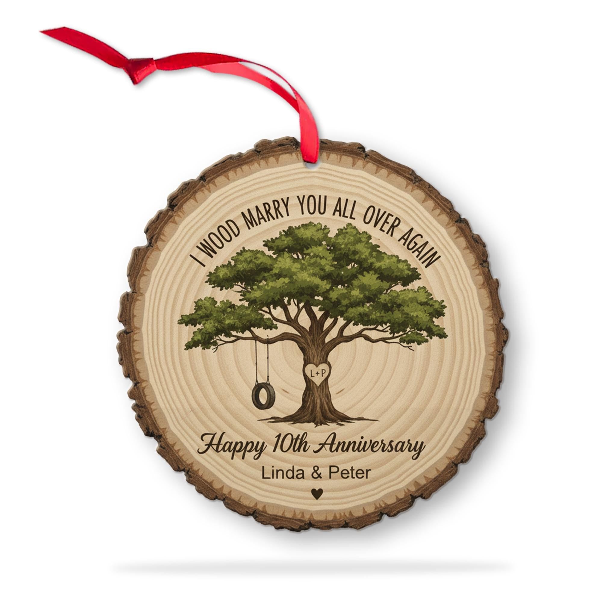 Personalized Anniversary Ornament – Custom Tree Design Wood Slice Keepsake