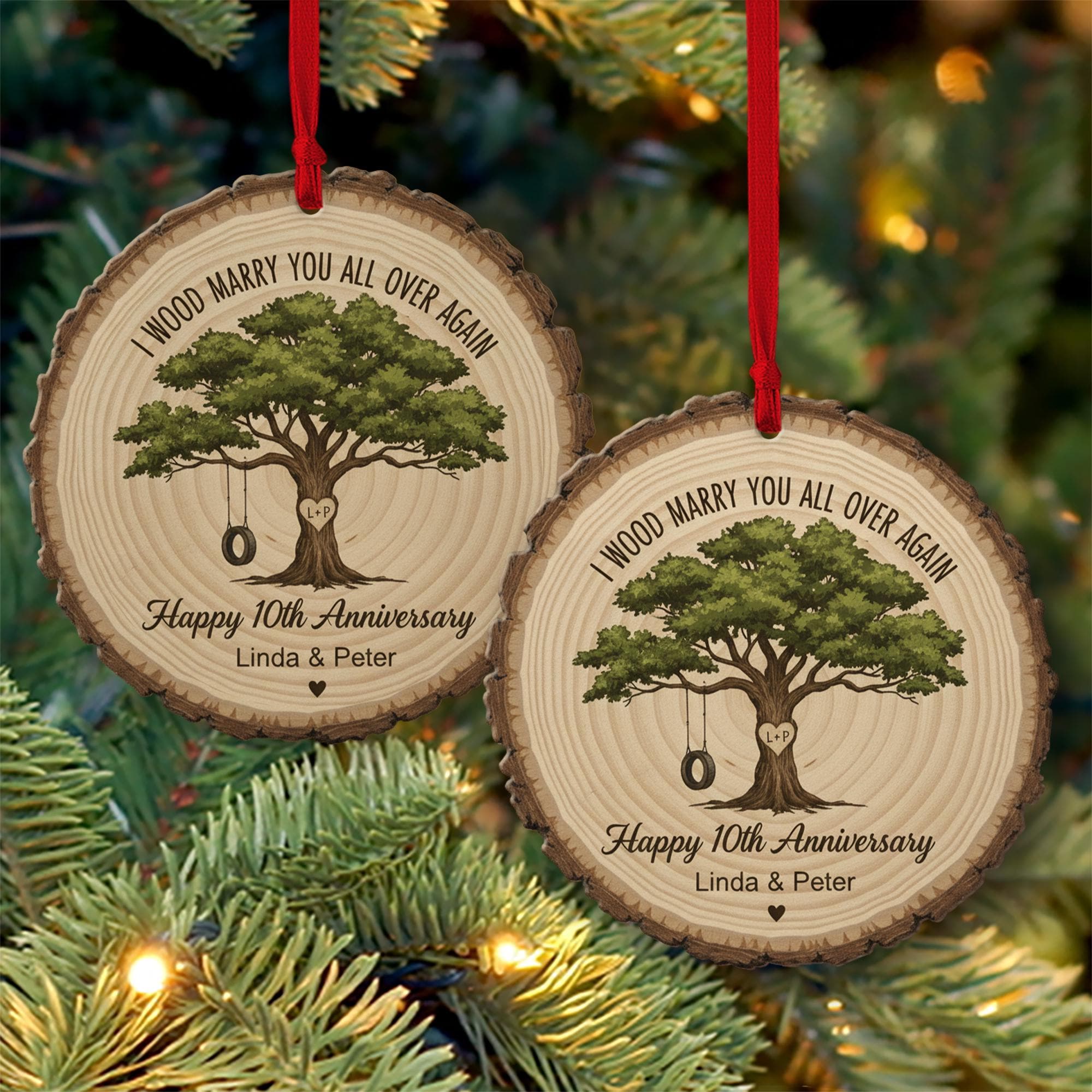 Personalized Anniversary Ornament – Custom Tree Design Wood Slice Keepsake