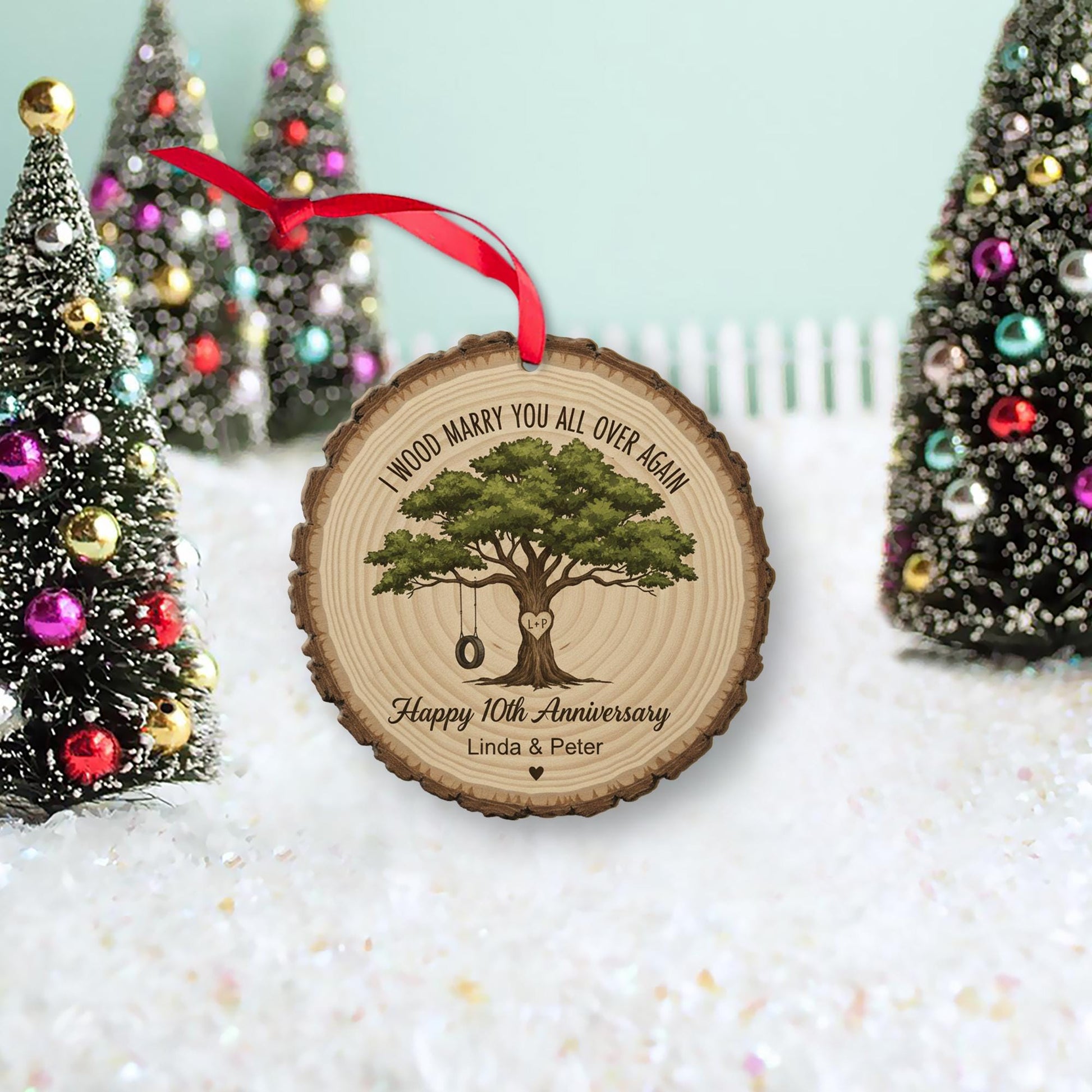 Personalized Anniversary Ornament – Custom Tree Design Wood Slice Keepsake