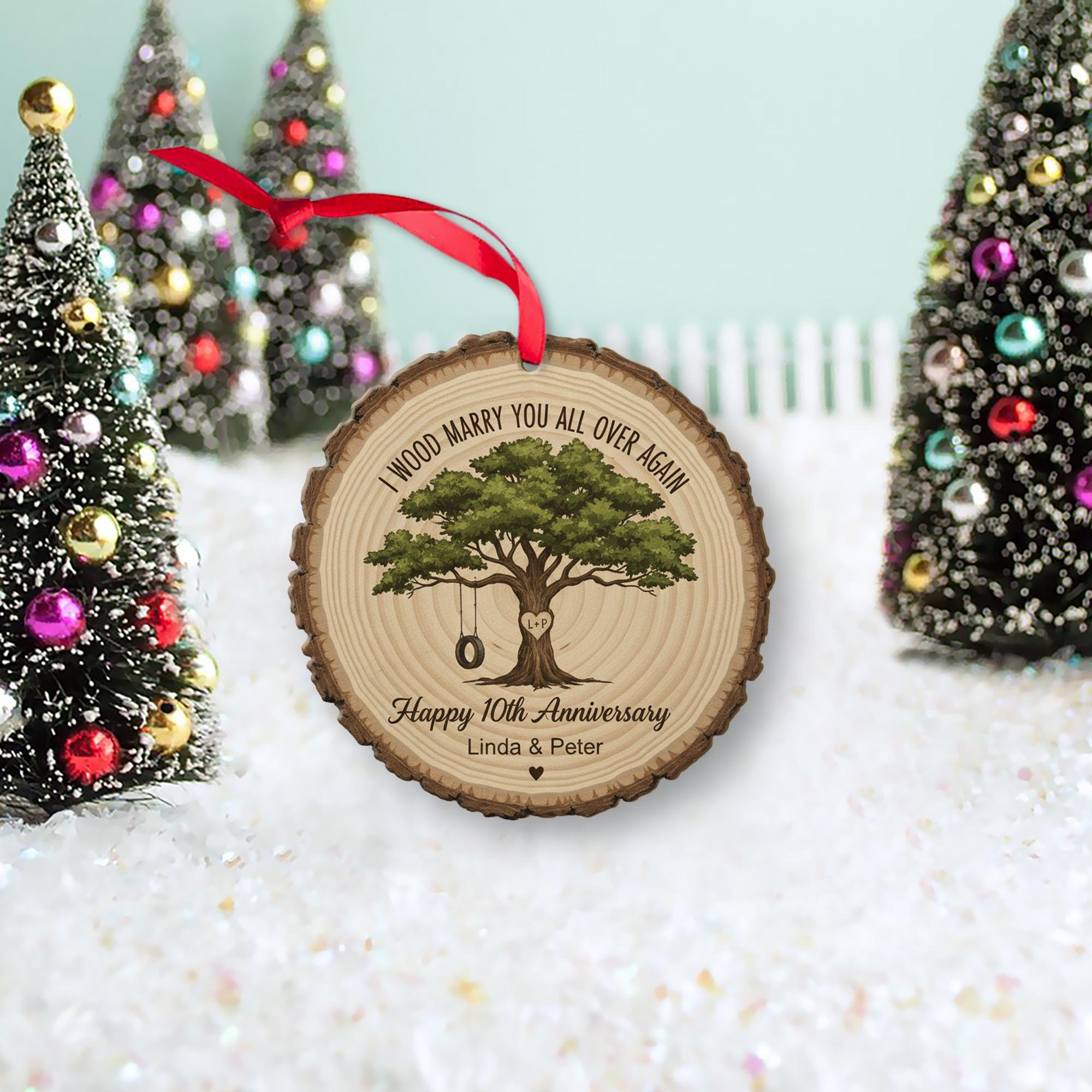 Personalized Anniversary Ornament – Custom Tree Design Wood Slice Keepsake