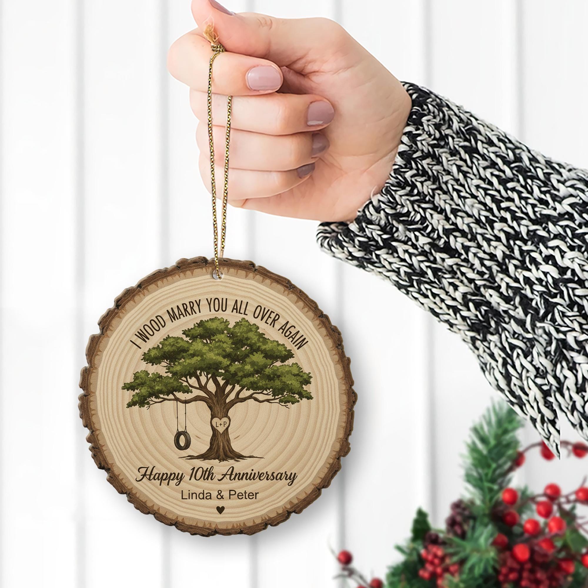 Personalized Anniversary Ornament – Custom Tree Design Wood Slice Keepsake