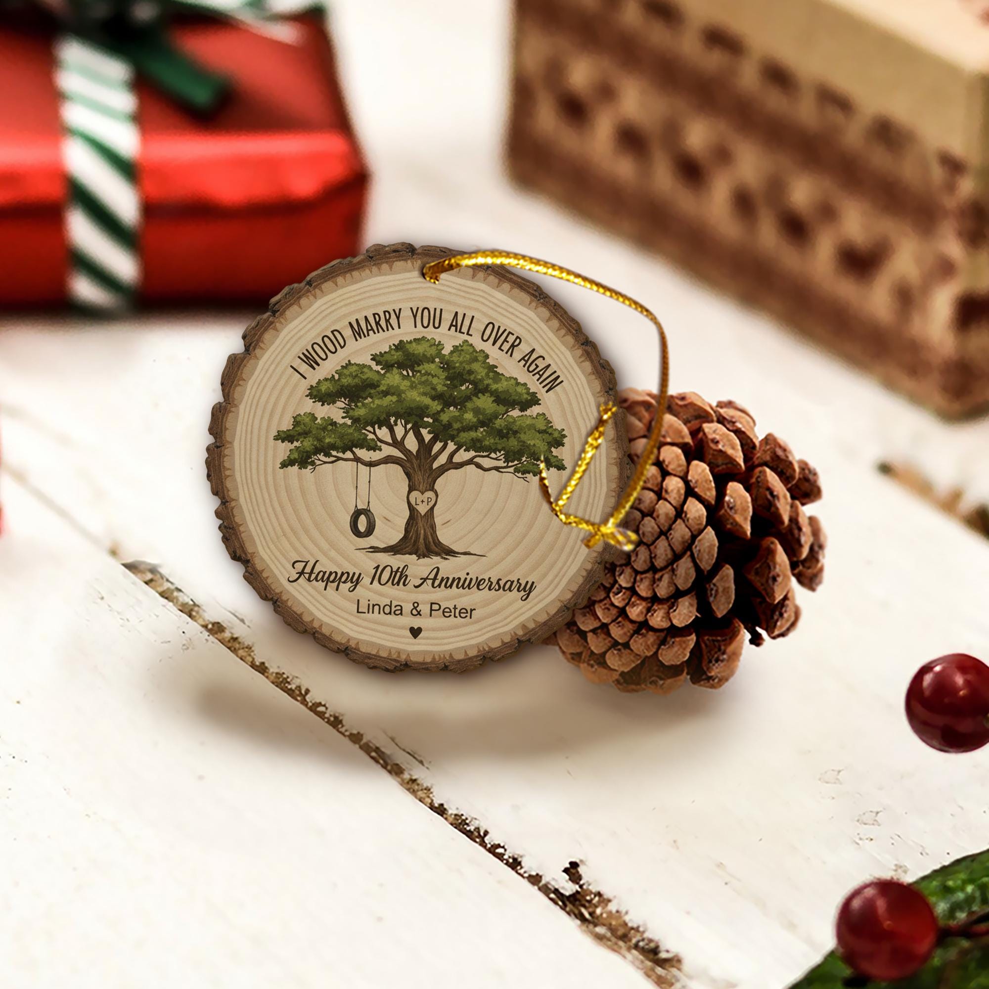 Personalized Anniversary Ornament – Custom Tree Design Wood Slice Keepsake