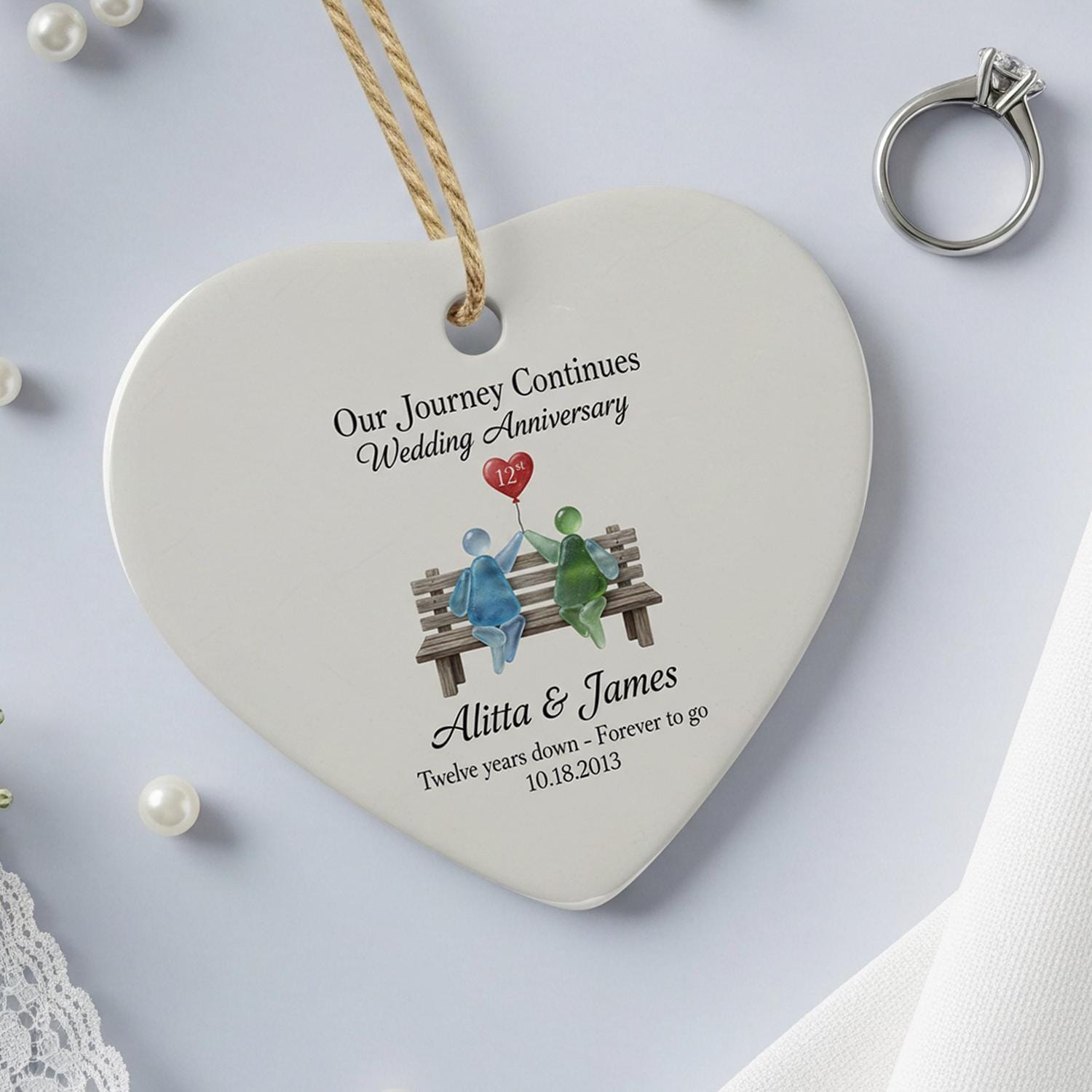 Personalized Heart Anniversary Ornament – Custom Ceramic Design with Names and Date