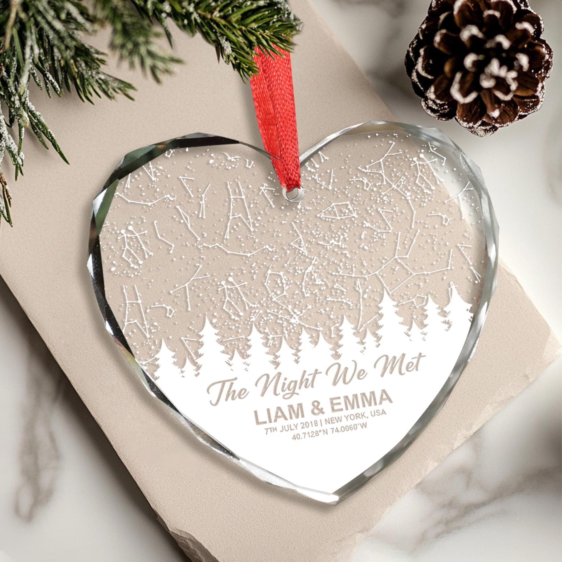 Personalized Heart Star Map Glass Ornament: Anniversary Decoration